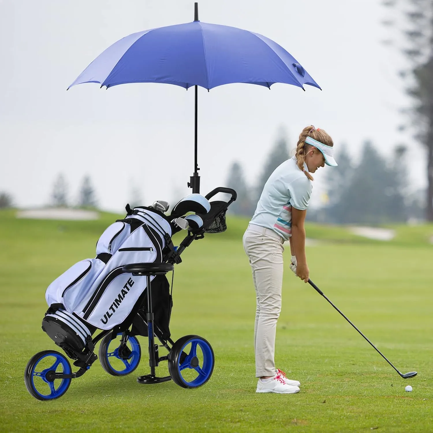 Tangkula Foldable Collapsible 3 Wheels Golf Push Cart with Seat, Foot Brake, Adjustable Umbrella Holder & Seat, 4 Height Position Handle