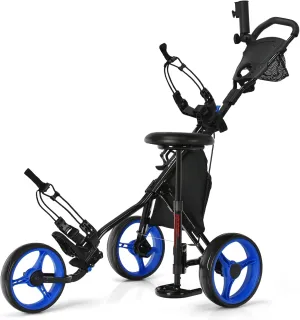 Tangkula Foldable Collapsible 3 Wheels Golf Push Cart with Seat, Foot Brake, Adjustable Umbrella Holder & Seat, 4 Height Position Handle