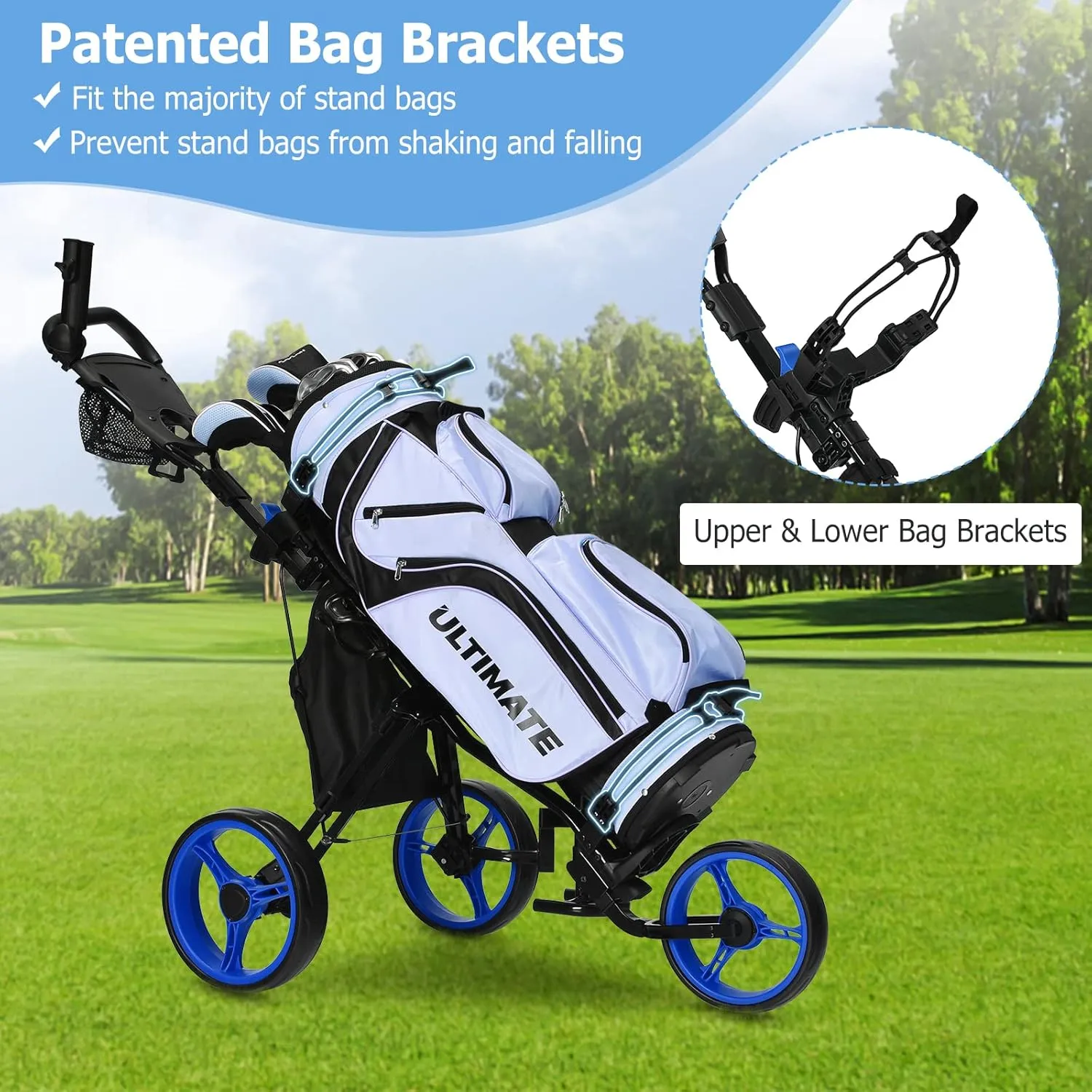 Tangkula Foldable Collapsible 3 Wheels Golf Push Cart with Seat, Foot Brake, Adjustable Umbrella Holder & Seat, 4 Height Position Handle