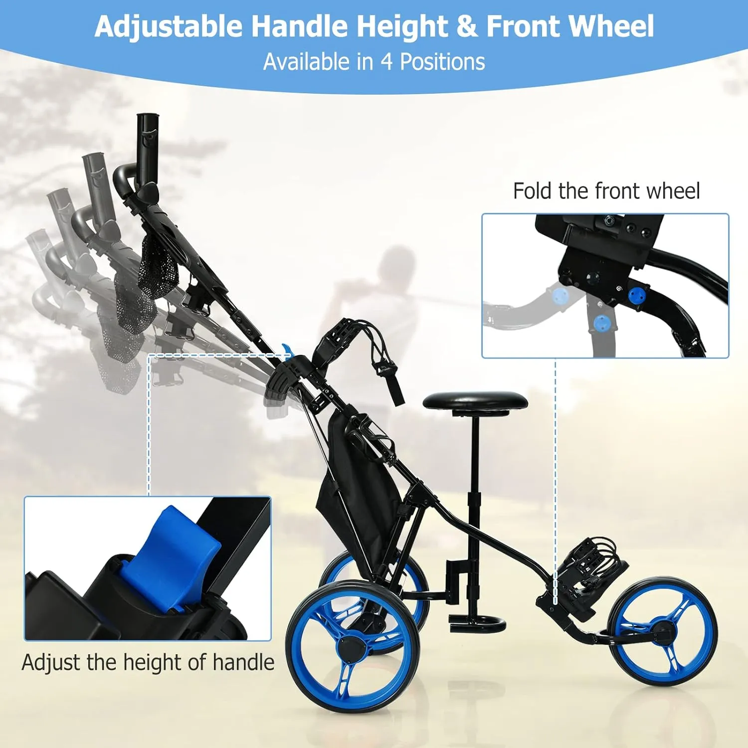 Tangkula Foldable Collapsible 3 Wheels Golf Push Cart with Seat, Foot Brake, Adjustable Umbrella Holder & Seat, 4 Height Position Handle