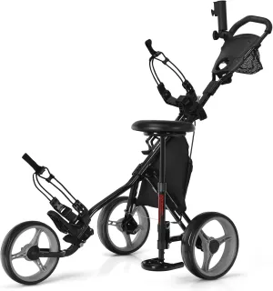 Tangkula Foldable Collapsible 3 Wheels Golf Push Cart with Seat, Foot Brake, Adjustable Umbrella Holder & Seat, 4 Height Position Handle