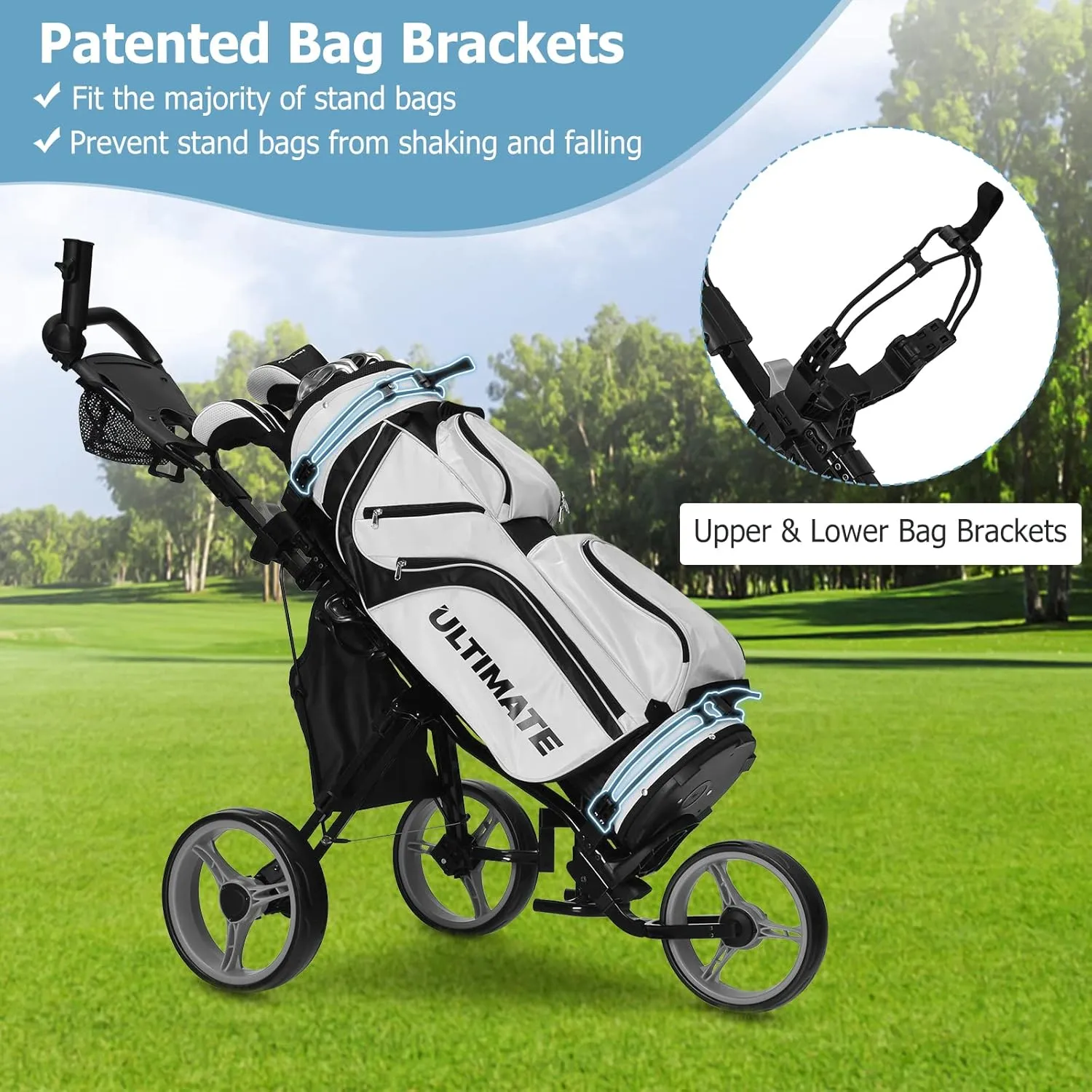 Tangkula Foldable Collapsible 3 Wheels Golf Push Cart with Seat, Foot Brake, Adjustable Umbrella Holder & Seat, 4 Height Position Handle