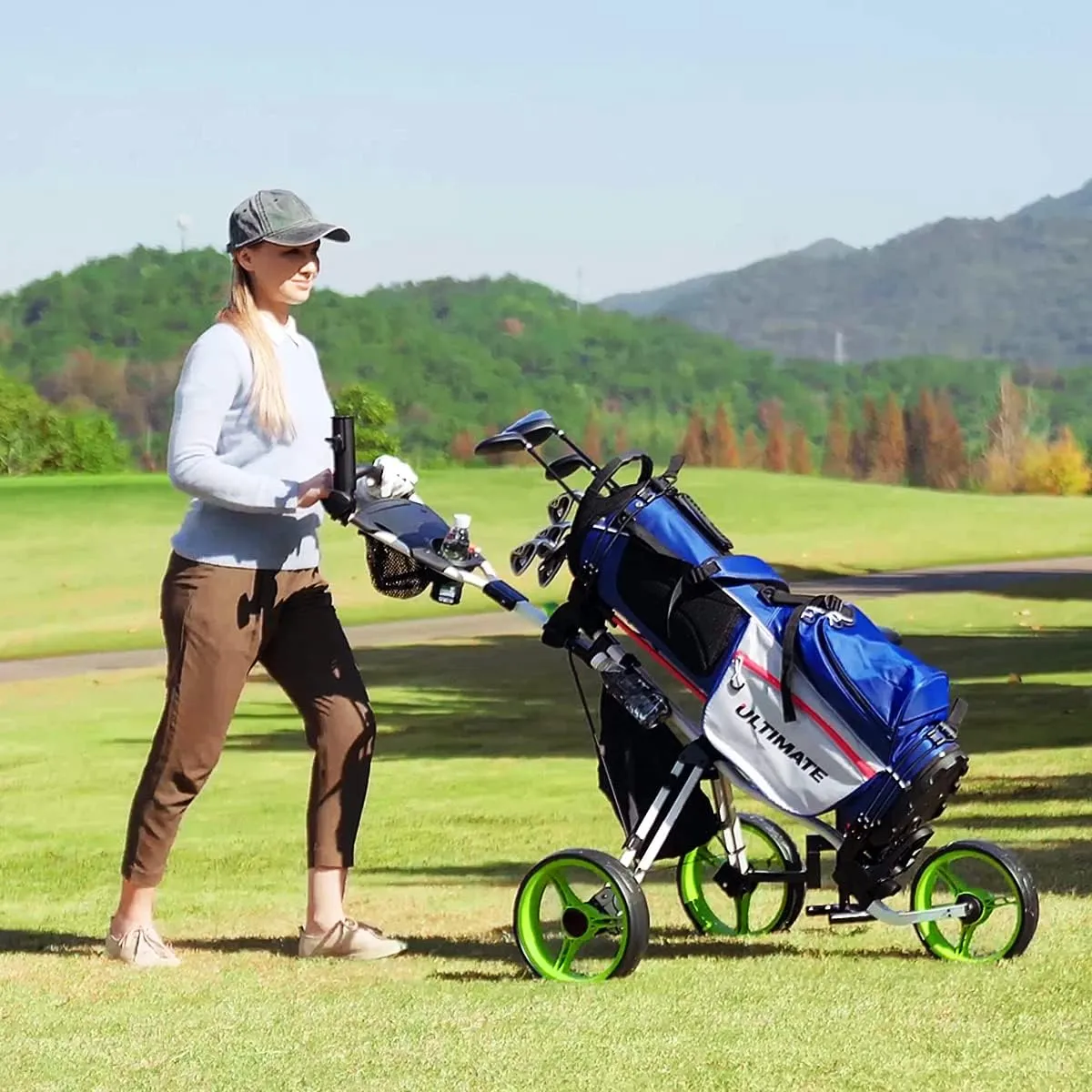 Tangkula Foldable Collapsible 3 Wheels Golf Push Cart with Seat, Foot Brake, Adjustable Umbrella Holder & Seat, 4 Height Position Handle