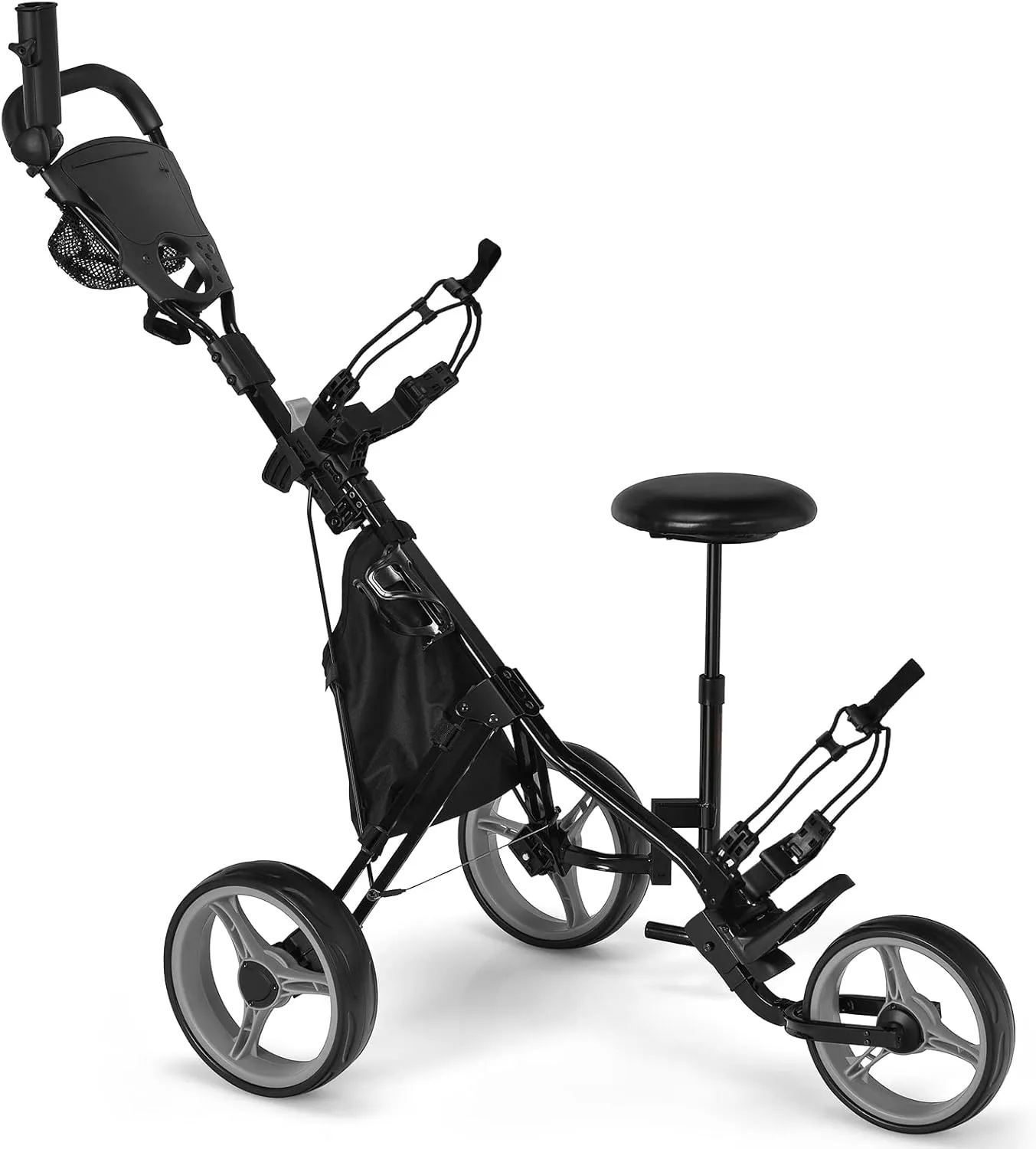Tangkula Foldable Collapsible 3 Wheels Golf Push Cart with Seat, Foot Brake, Adjustable Umbrella Holder & Seat, 4 Height Position Handle