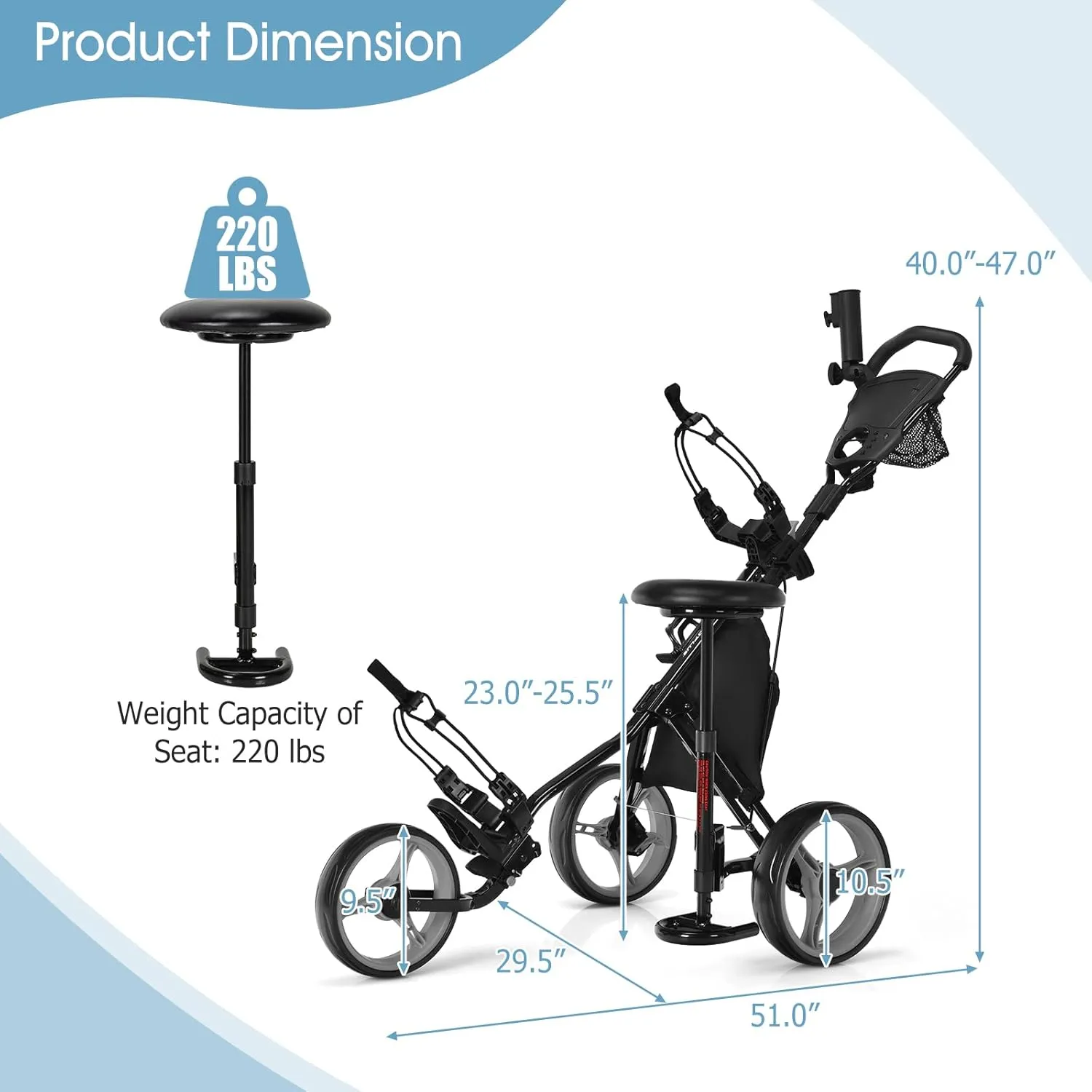 Tangkula Foldable Collapsible 3 Wheels Golf Push Cart with Seat, Foot Brake, Adjustable Umbrella Holder & Seat, 4 Height Position Handle