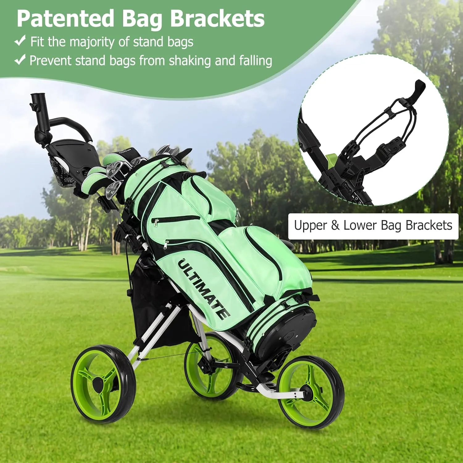 Tangkula Foldable Collapsible 3 Wheels Golf Push Cart with Seat, Foot Brake, Adjustable Umbrella Holder & Seat, 4 Height Position Handle