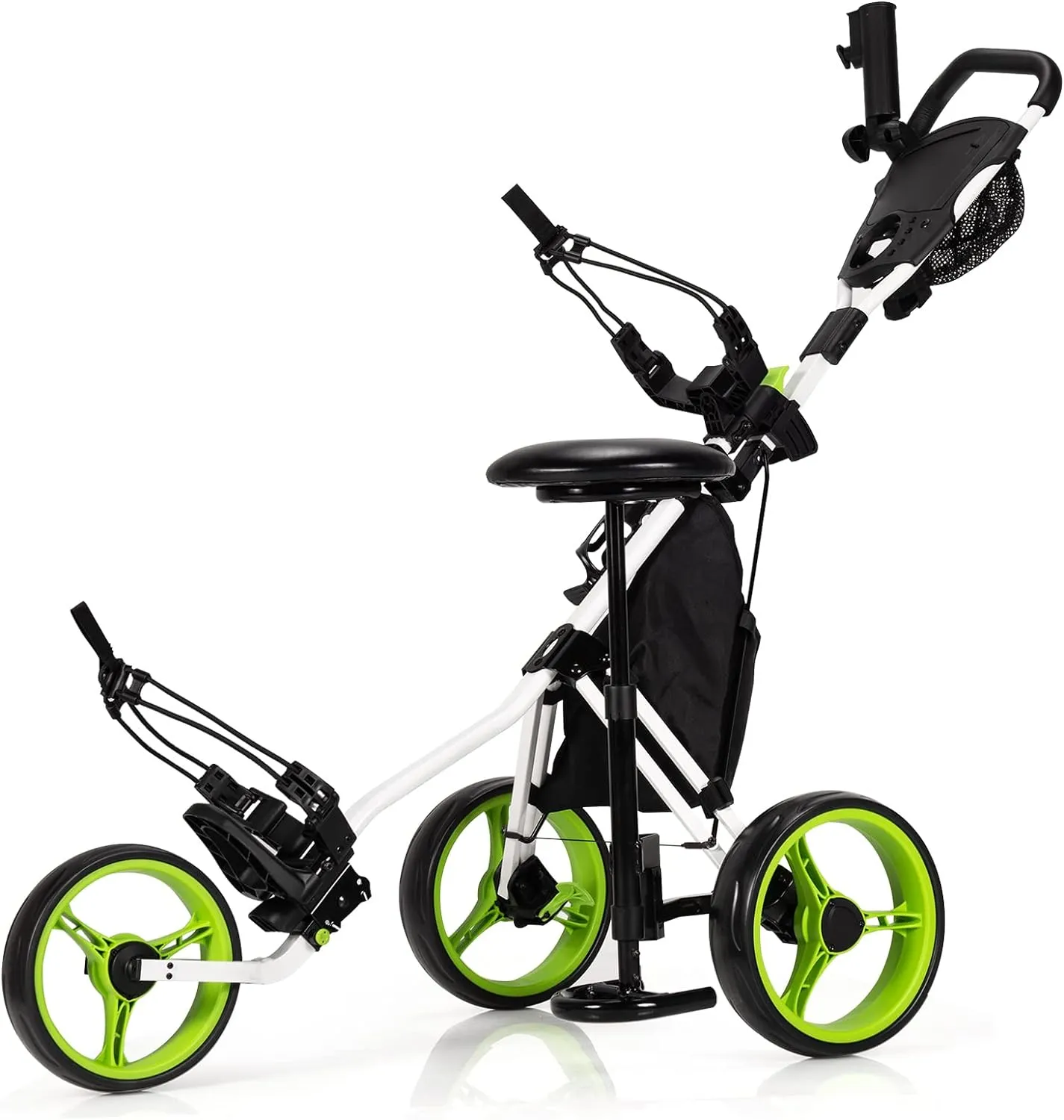 Tangkula Foldable Collapsible 3 Wheels Golf Push Cart with Seat, Foot Brake, Adjustable Umbrella Holder & Seat, 4 Height Position Handle