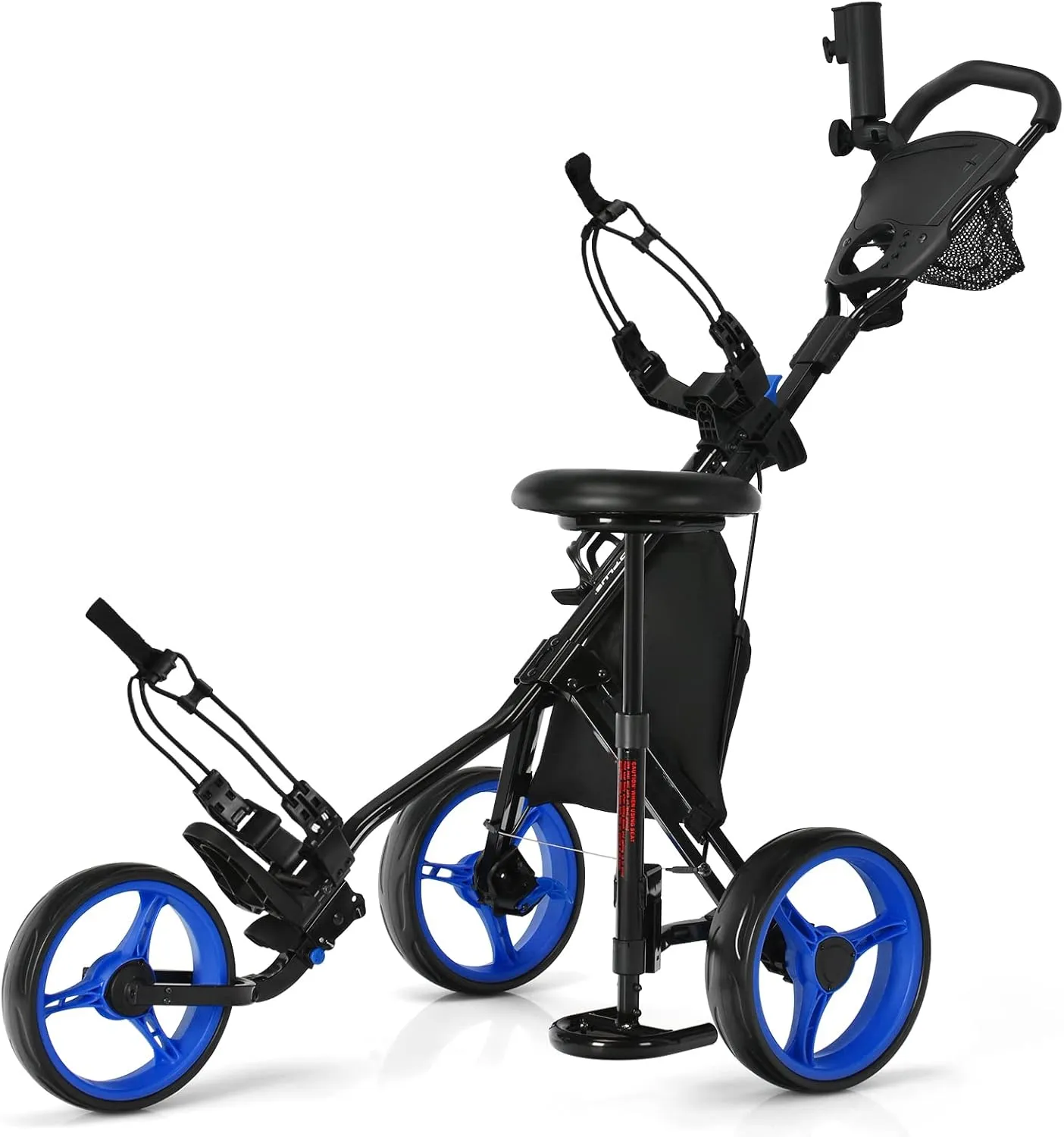 Tangkula Foldable Collapsible 3 Wheels Golf Push Cart with Seat, Foot Brake, Adjustable Umbrella Holder & Seat, 4 Height Position Handle