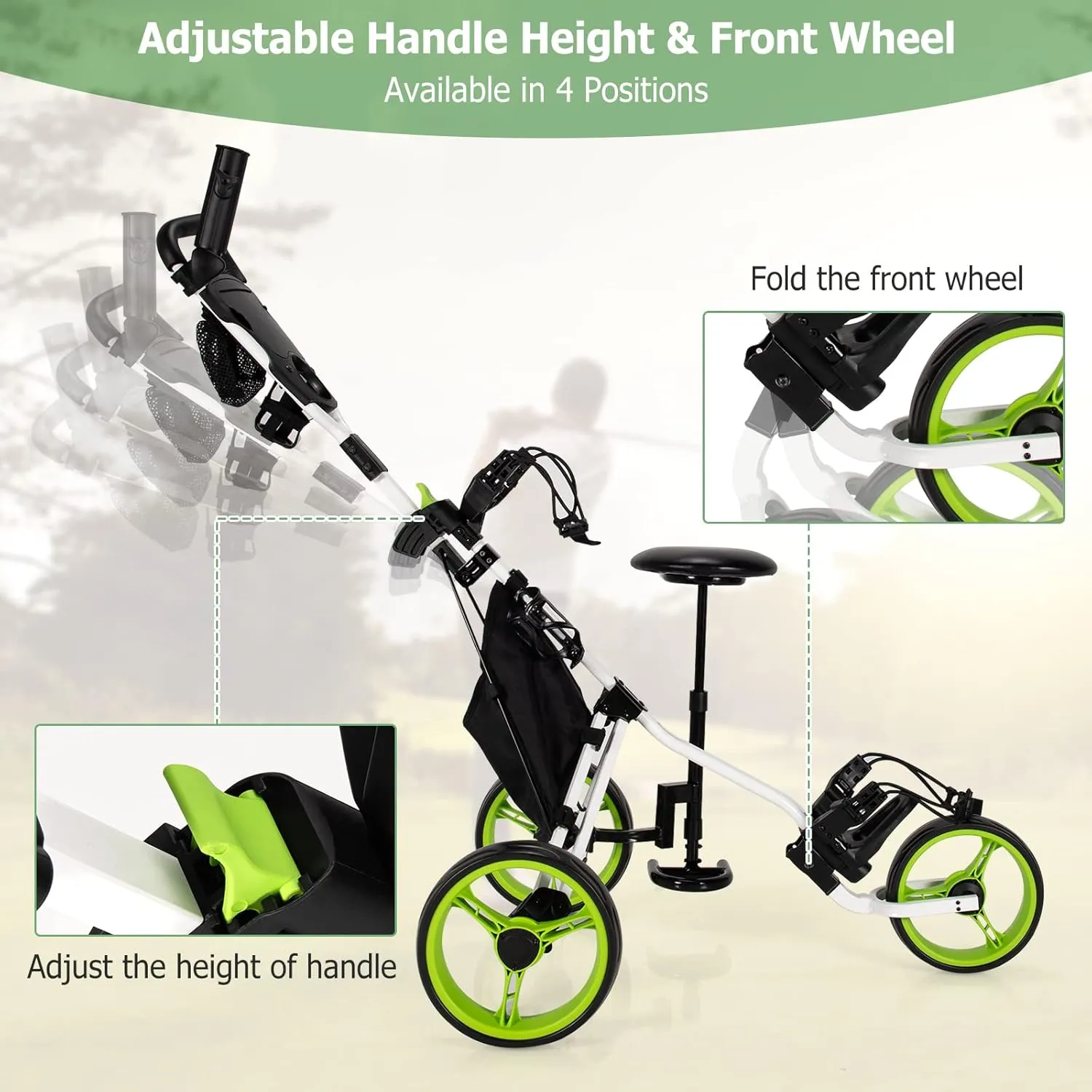 Tangkula Foldable Collapsible 3 Wheels Golf Push Cart with Seat, Foot Brake, Adjustable Umbrella Holder & Seat, 4 Height Position Handle