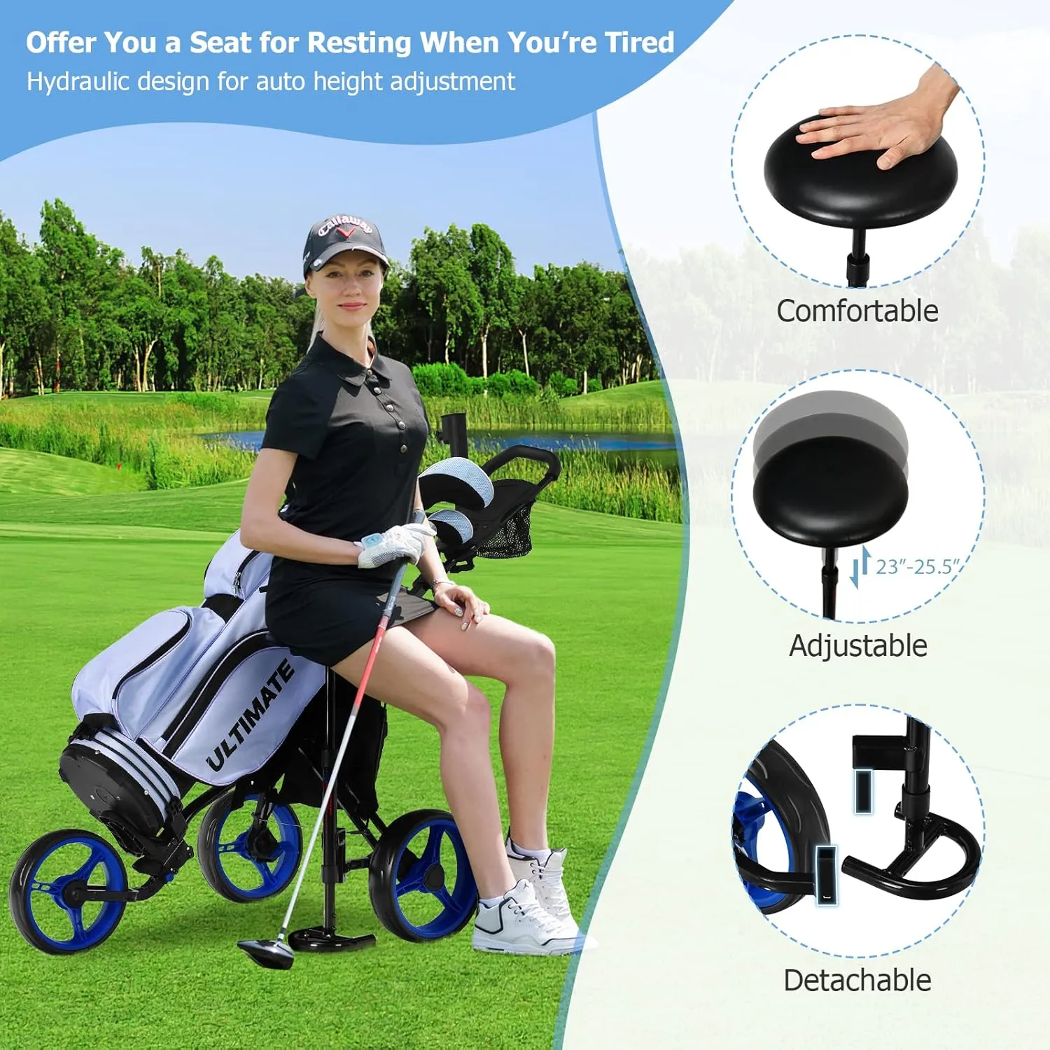 Tangkula Foldable Collapsible 3 Wheels Golf Push Cart with Seat, Foot Brake, Adjustable Umbrella Holder & Seat, 4 Height Position Handle