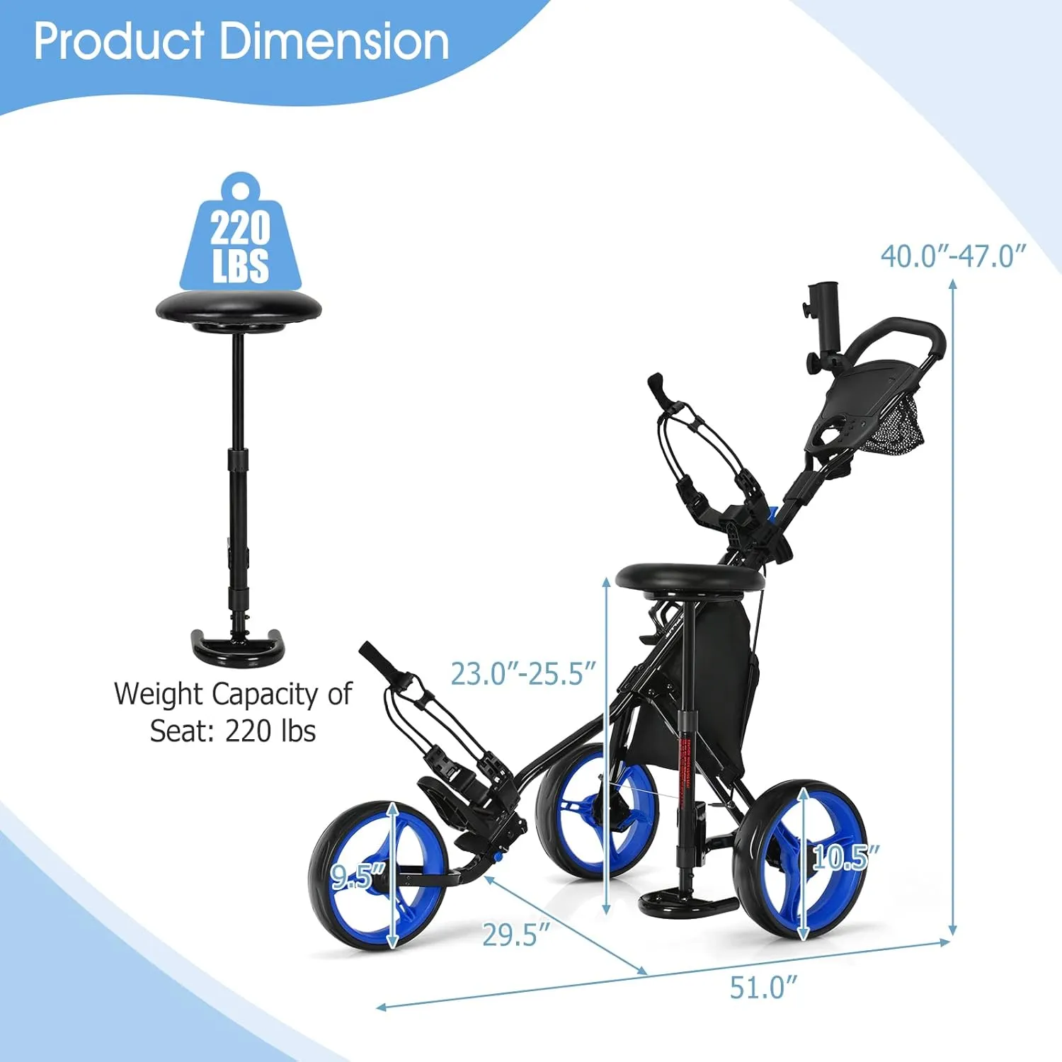 Tangkula Foldable Collapsible 3 Wheels Golf Push Cart with Seat, Foot Brake, Adjustable Umbrella Holder & Seat, 4 Height Position Handle