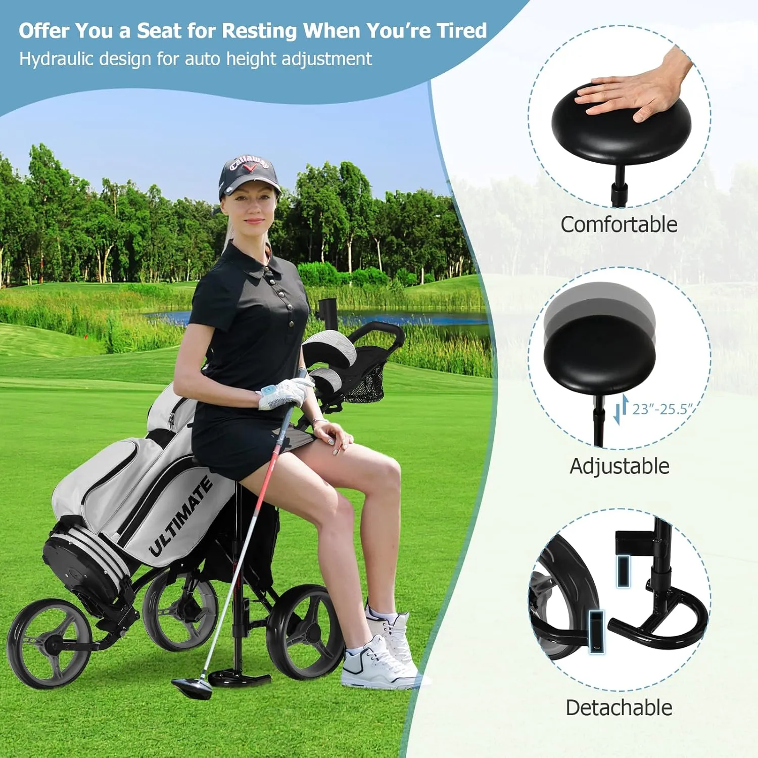 Tangkula Foldable Collapsible 3 Wheels Golf Push Cart with Seat, Foot Brake, Adjustable Umbrella Holder & Seat, 4 Height Position Handle