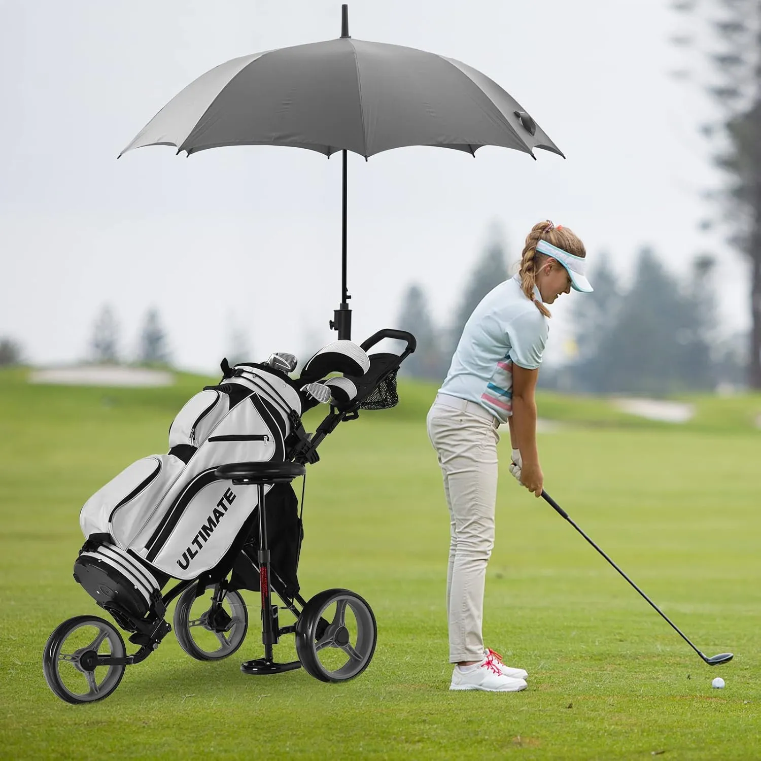 Tangkula Foldable Collapsible 3 Wheels Golf Push Cart with Seat, Foot Brake, Adjustable Umbrella Holder & Seat, 4 Height Position Handle