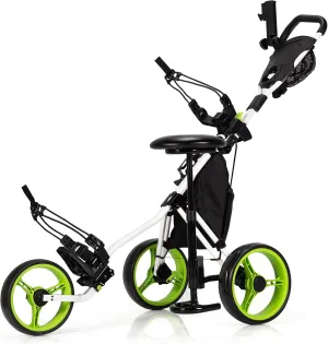 Tangkula Foldable Collapsible 3 Wheels Golf Push Cart with Seat, Foot Brake, Adjustable Umbrella Holder & Seat, 4 Height Position Handle