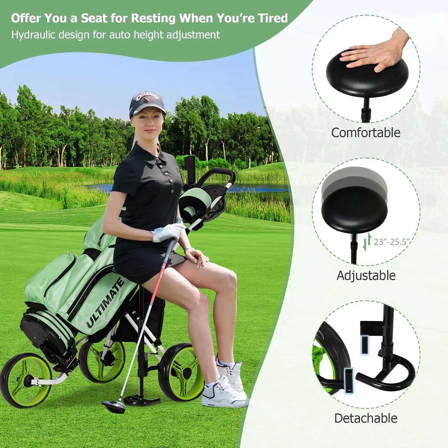 Tangkula Foldable Collapsible 3 Wheels Golf Push Cart with Seat, Foot Brake, Adjustable Umbrella Holder & Seat, 4 Height Position Handle