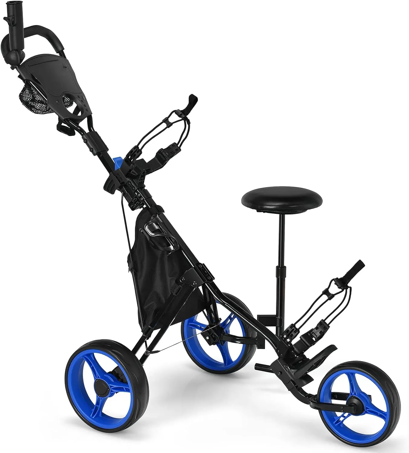 Tangkula Foldable Collapsible 3 Wheels Golf Push Cart with Seat, Foot Brake, Adjustable Umbrella Holder & Seat, 4 Height Position Handle