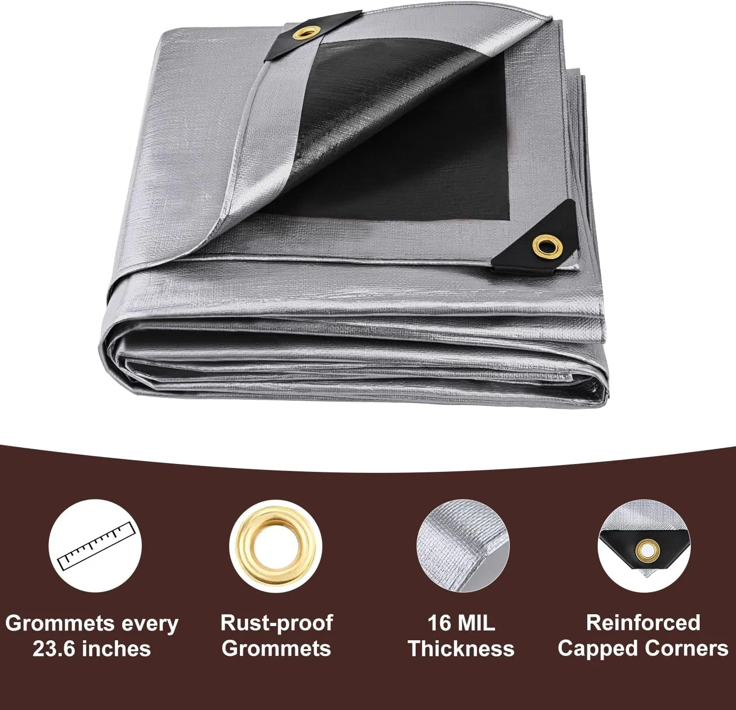 Tarp 16x20FT, Extra Thick 16Mil Heavy Duty Waterproof Tarps with Brass Grommets and Reinforced Edges, Tear & Fade Resistant, 100% UV Blocking Outdoor Tarp for Roof Camping Patio Pool Boat (Silver)