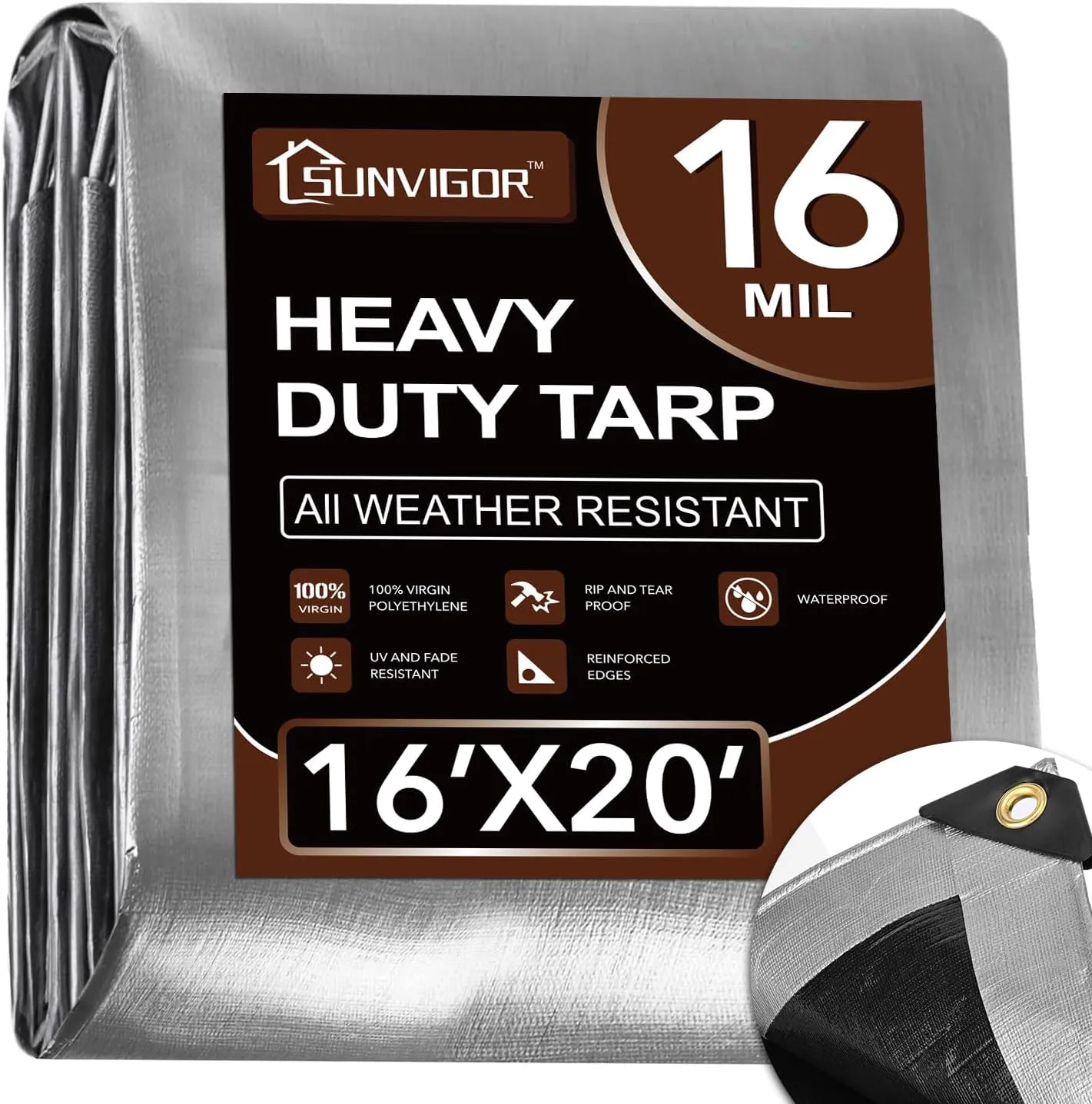 Tarp 16x20FT, Extra Thick 16Mil Heavy Duty Waterproof Tarps with Brass Grommets and Reinforced Edges, Tear & Fade Resistant, 100% UV Blocking Outdoor Tarp for Roof Camping Patio Pool Boat (Silver)