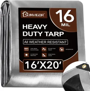 Tarp 16x20FT, Extra Thick 16Mil Heavy Duty Waterproof Tarps with Brass Grommets and Reinforced Edges, Tear & Fade Resistant, 100% UV Blocking Outdoor Tarp for Roof Camping Patio Pool Boat (Silver)