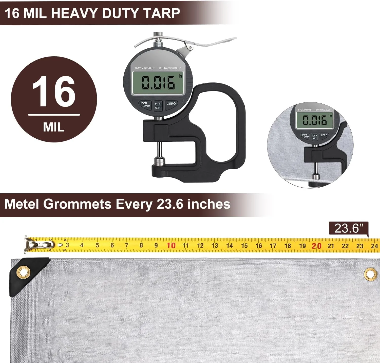 Tarp 16x20FT, Extra Thick 16Mil Heavy Duty Waterproof Tarps with Brass Grommets and Reinforced Edges, Tear & Fade Resistant, 100% UV Blocking Outdoor Tarp for Roof Camping Patio Pool Boat (Silver)