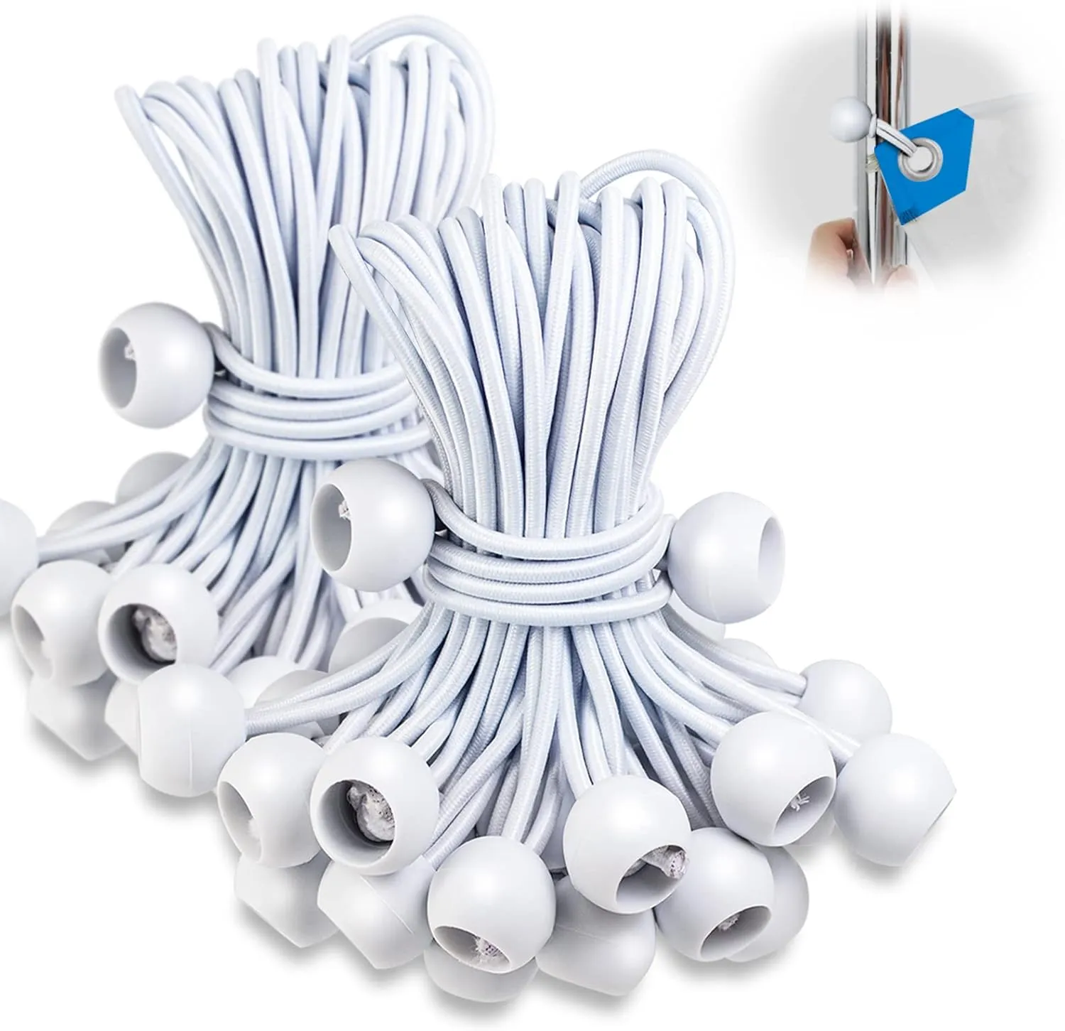 Tarp Bungee with Balls 12 Inch,100 PCS White Bungie Cord Balls Heavy Duty Tie Down Strap Cord for Camping, Shelter,Cargo,Projector Screen,Tent Poles with UV Resistant