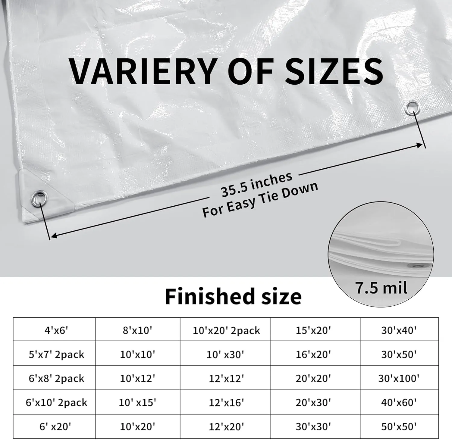 TARPAL 20'x20' White Tarp Waterproof 7.5 mil Medium Duty All Purpose Poly Tarps Cover Waterproof,Snow Proof UV Protection,Rip and Tear Proof,Poly Tarpaulin