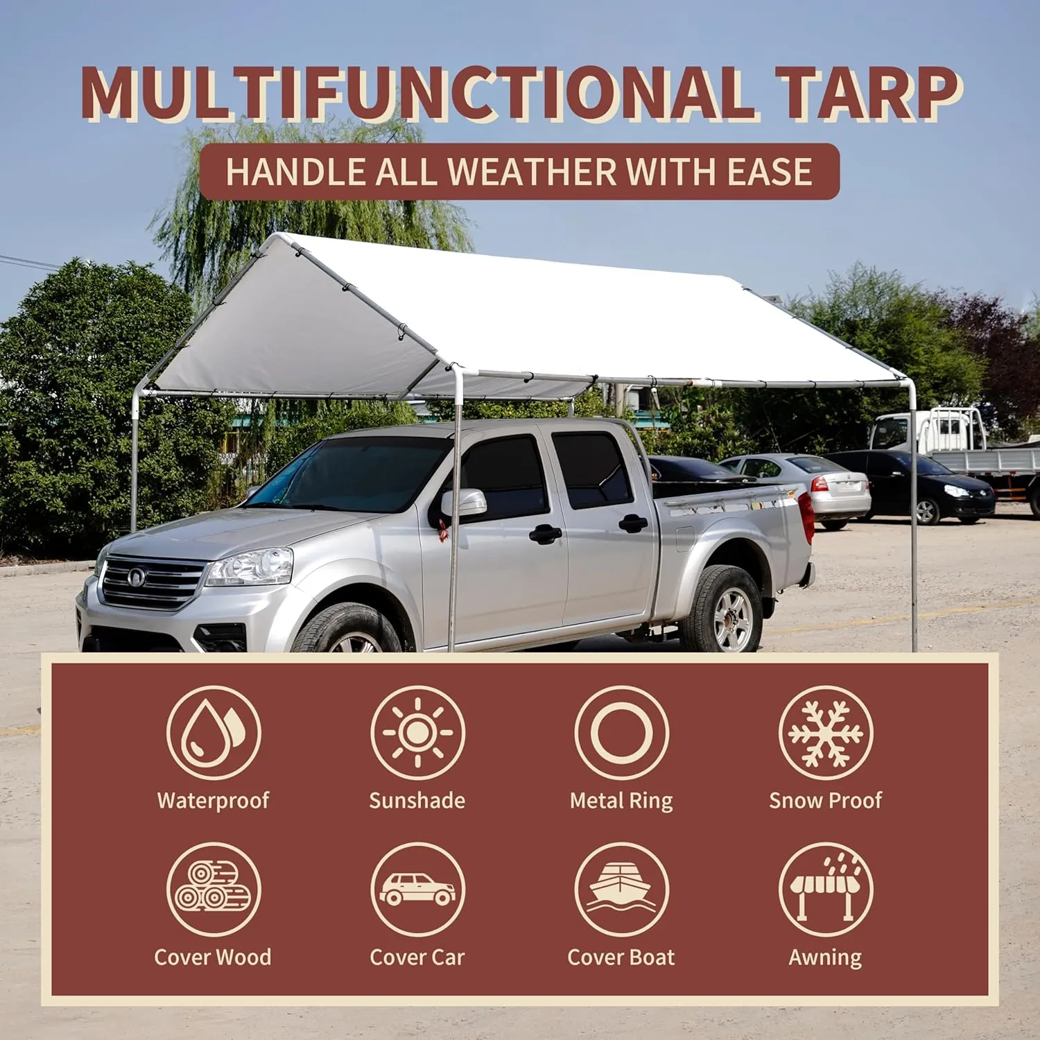 TARPAL 20'x20' White Tarp Waterproof 7.5 mil Medium Duty All Purpose Poly Tarps Cover Waterproof,Snow Proof UV Protection,Rip and Tear Proof,Poly Tarpaulin