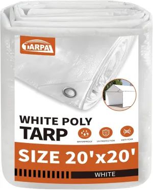 TARPAL 20'x20' White Tarp Waterproof 7.5 mil Medium Duty All Purpose Poly Tarps Cover Waterproof,Snow Proof UV Protection,Rip and Tear Proof,Poly Tarpaulin