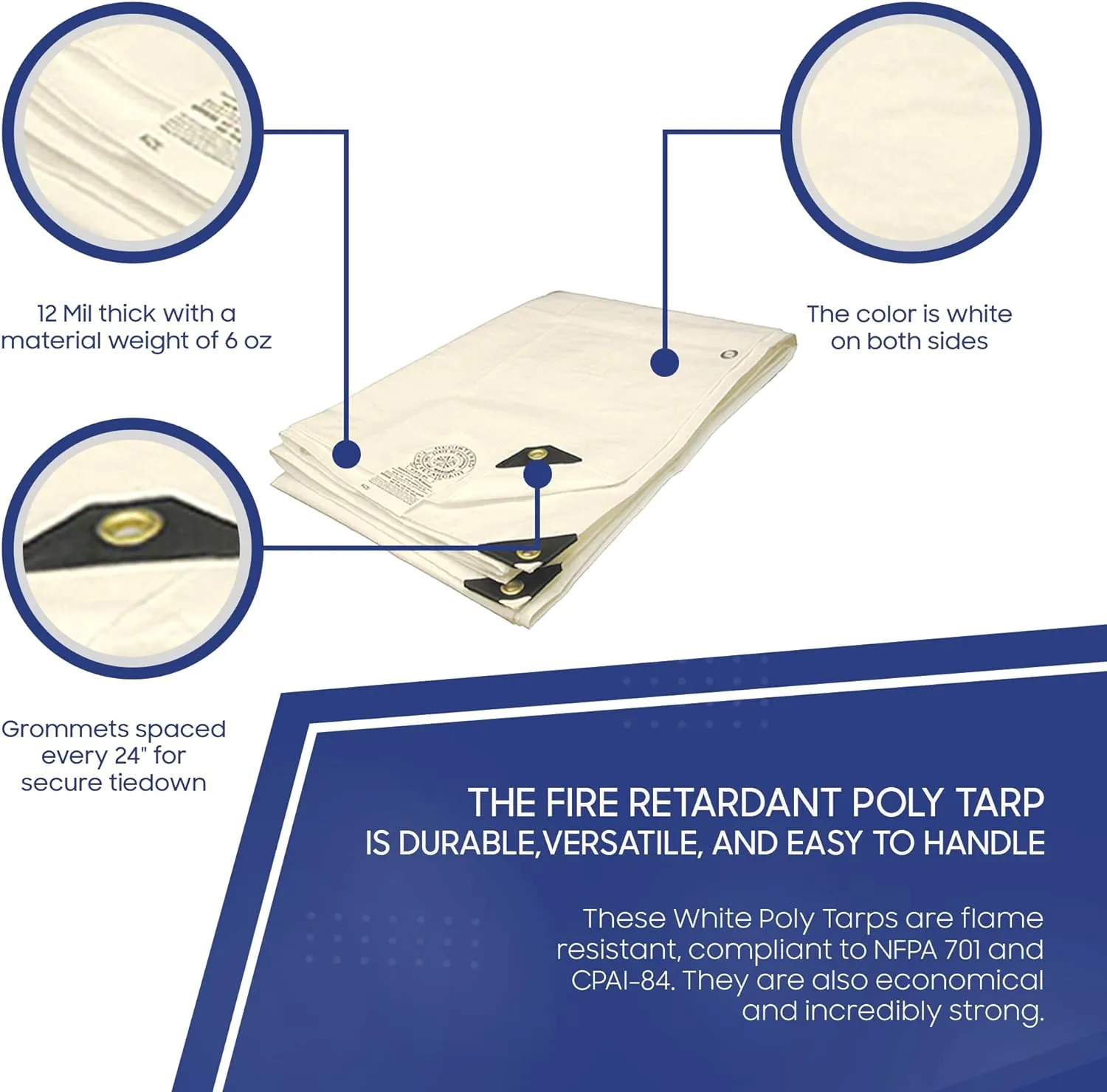 Tarps Now 16x20 Feet Fire Retardant Poly Tarp |12 MIL Heavy Duty Waterproof Cover |Rip and Tear Proof Plastic Tarp with Rustproof Aluminum Grommets & Reinforced Edges |Ideal for Camping - White