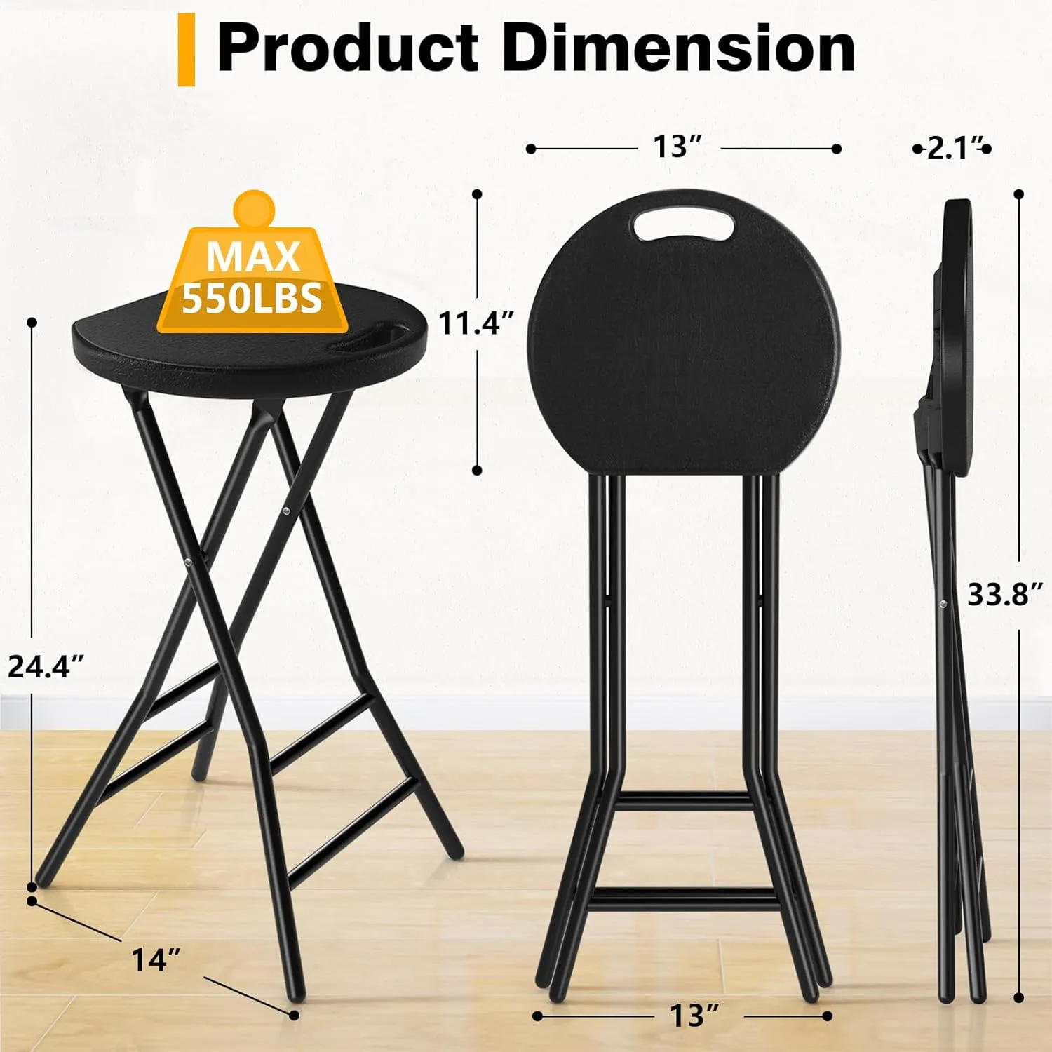 TAVR Furniture Portable Folding Chair with Handle, Heavy Duty Round Fold Stool Chair with 550lbs Capacity for Adults, 24 Inch Foldable Stool for Dorm, Kitchen, Vanity, Church and Outdoor use