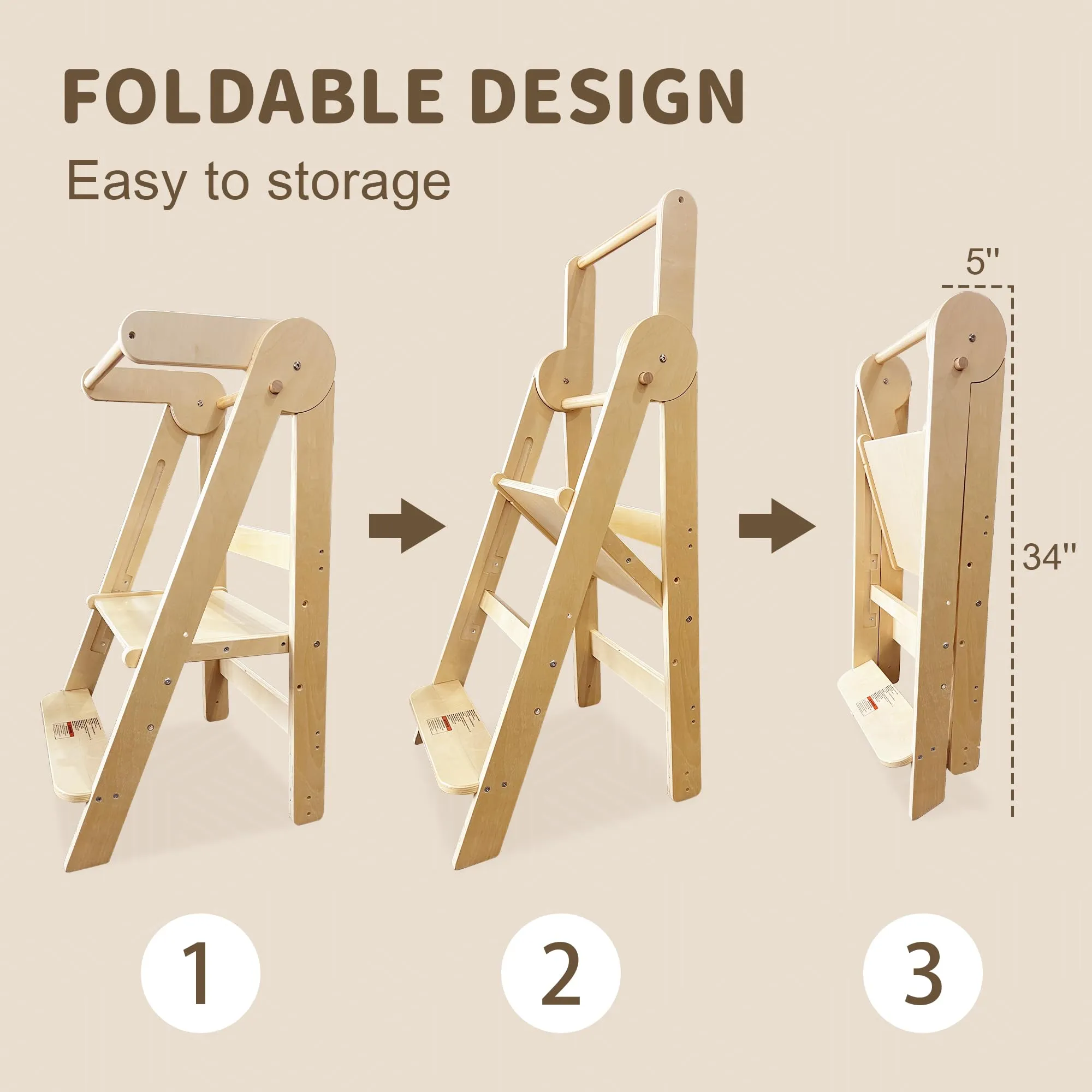 TDKDHoming Foldable Toddler Tower, Kitchen Step Stool, Folding Tower for Learning with 3 Adjustable Heights Montessori Toddler Standing Tower Collapsible Step Stool for Kids 1-6 Years Natural