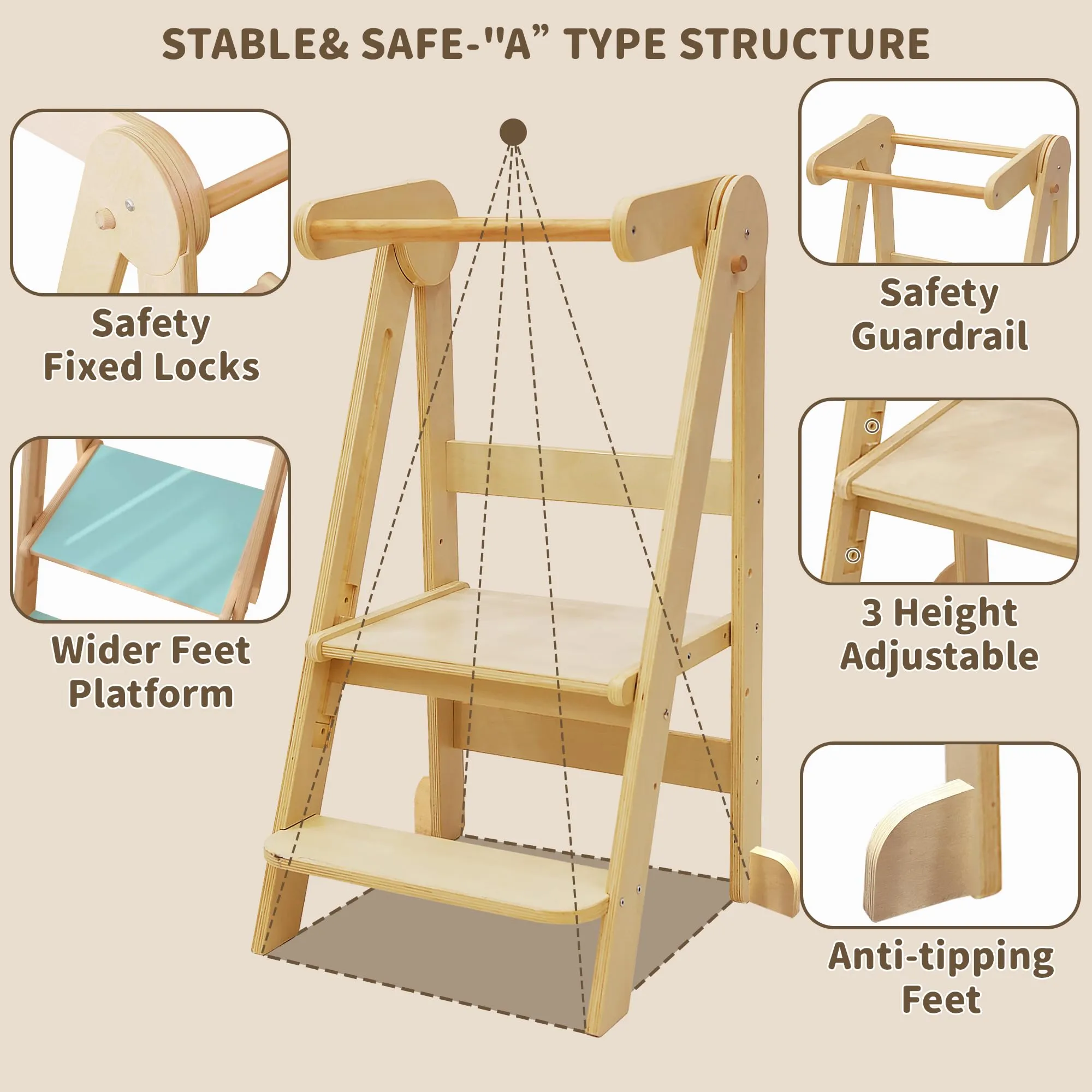 TDKDHoming Foldable Toddler Tower, Kitchen Step Stool, Folding Tower for Learning with 3 Adjustable Heights Montessori Toddler Standing Tower Collapsible Step Stool for Kids 1-6 Years Natural
