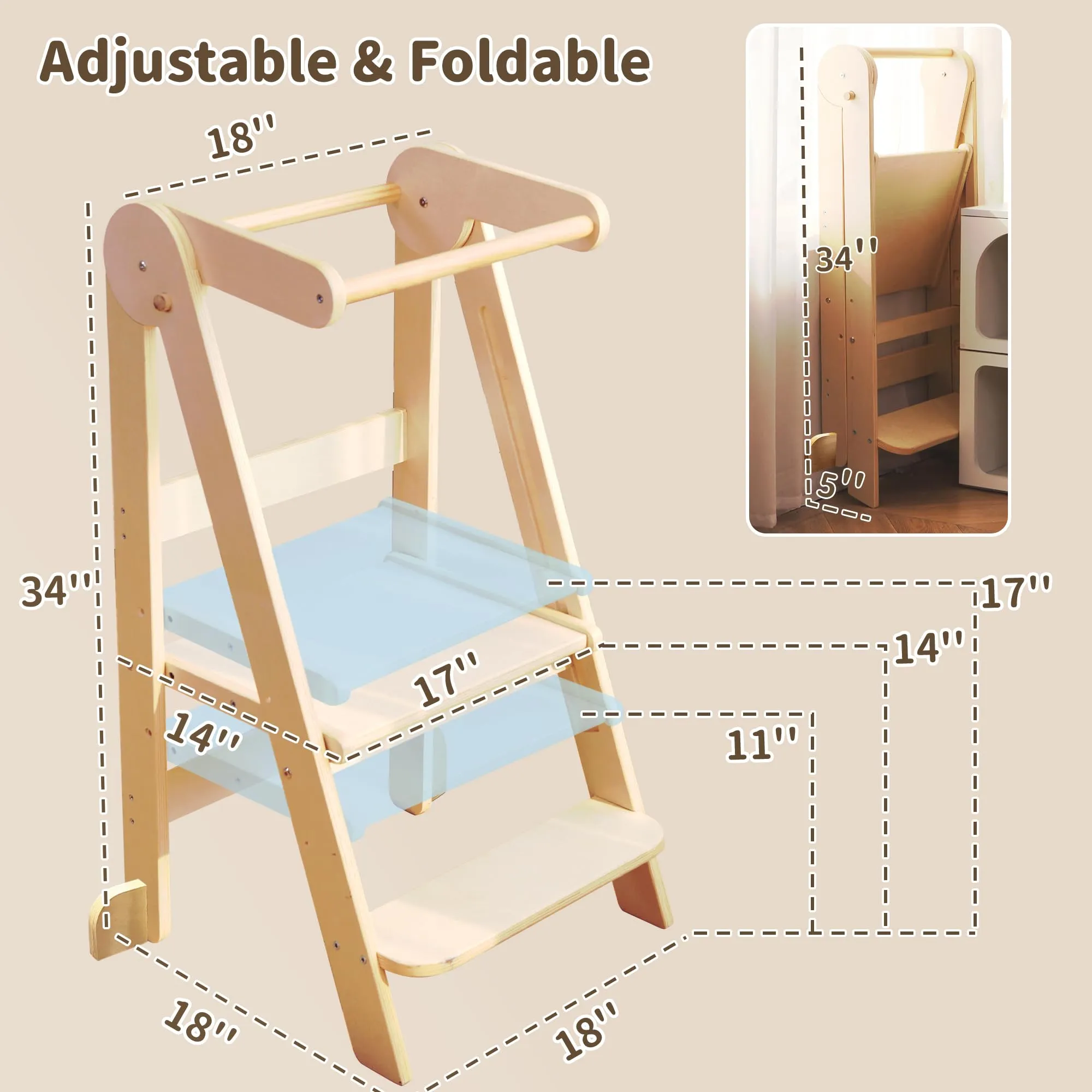 TDKDHoming Foldable Toddler Tower, Kitchen Step Stool, Folding Tower for Learning with 3 Adjustable Heights Montessori Toddler Standing Tower Collapsible Step Stool for Kids 1-6 Years Natural