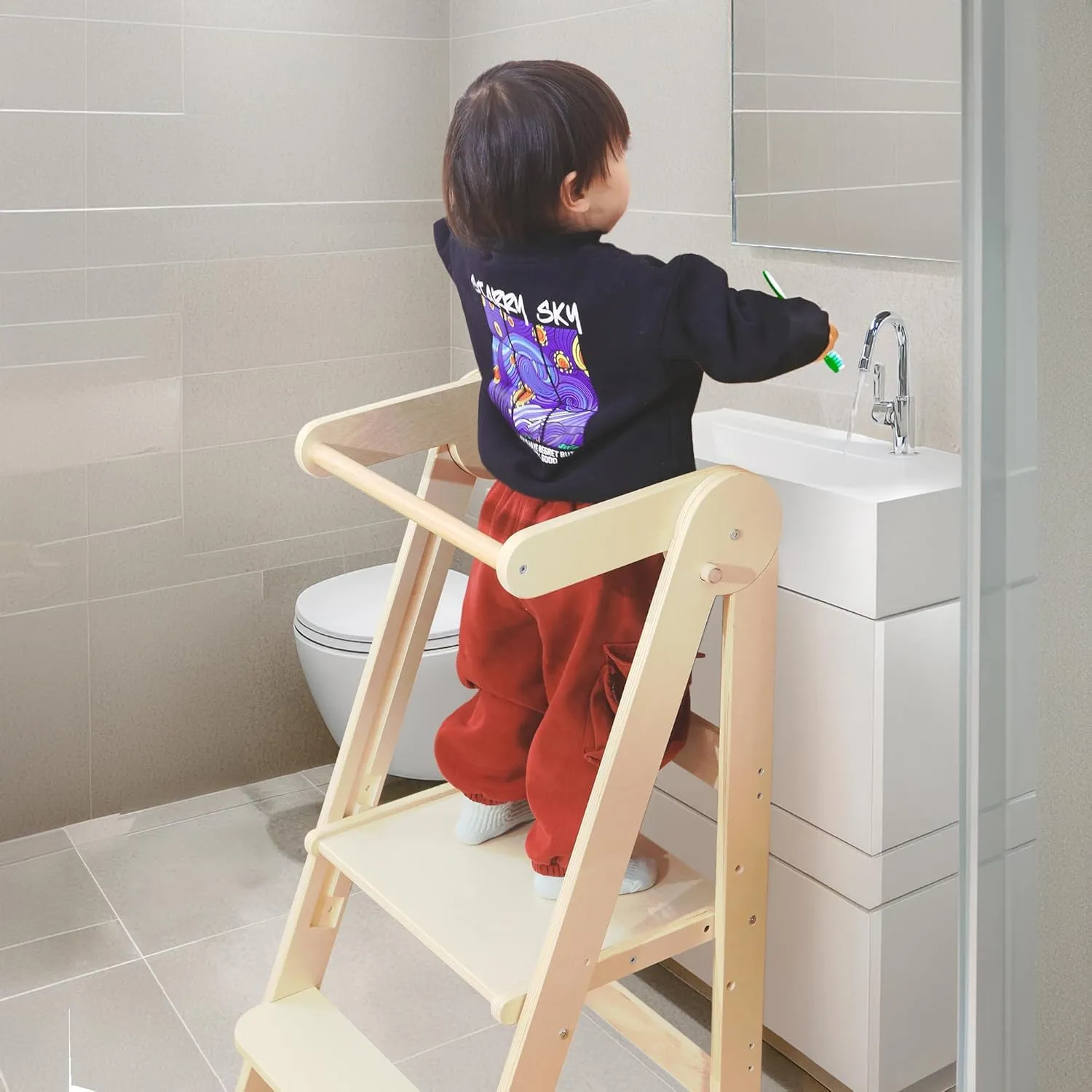 TDKDHoming Foldable Toddler Tower, Kitchen Step Stool, Folding Tower for Learning with 3 Adjustable Heights Montessori Toddler Standing Tower Collapsible Step Stool for Kids 1-6 Years Natural