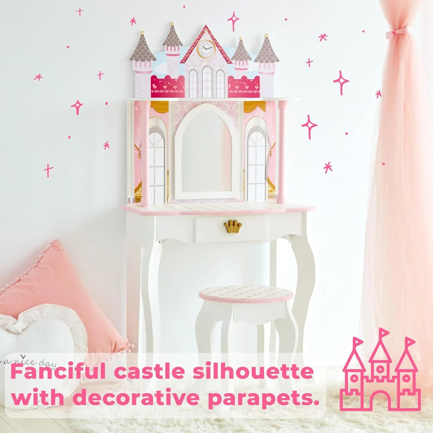Teamson Kids Dreamland Princess Play Vanity Set with Mirror, Shelf, Storage Drawer, Stool, and Accessories for 12" Dolls, White an Pink