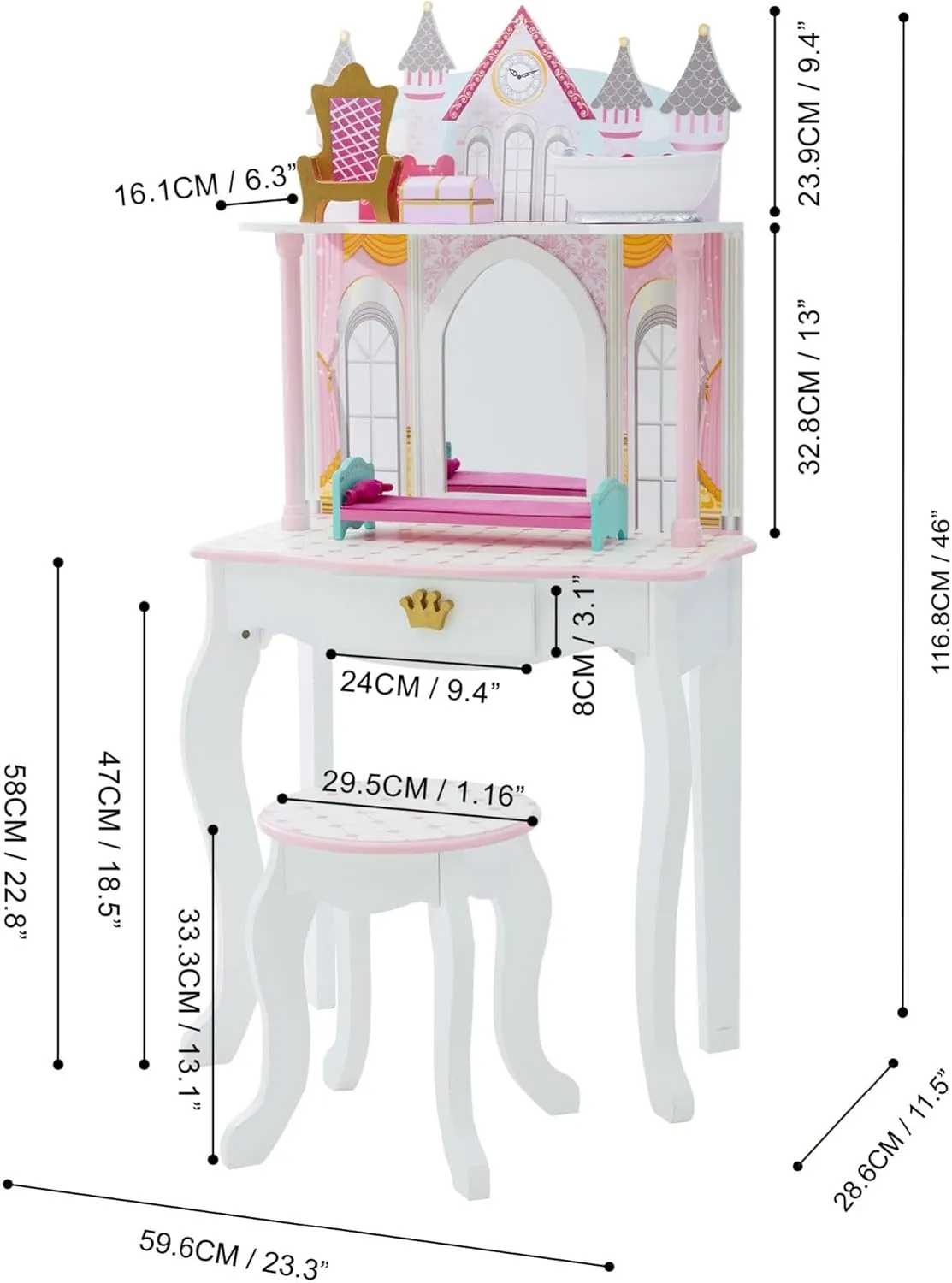 Teamson Kids Dreamland Princess Play Vanity Set with Mirror, Shelf, Storage Drawer, Stool, and Accessories for 12" Dolls, White an Pink