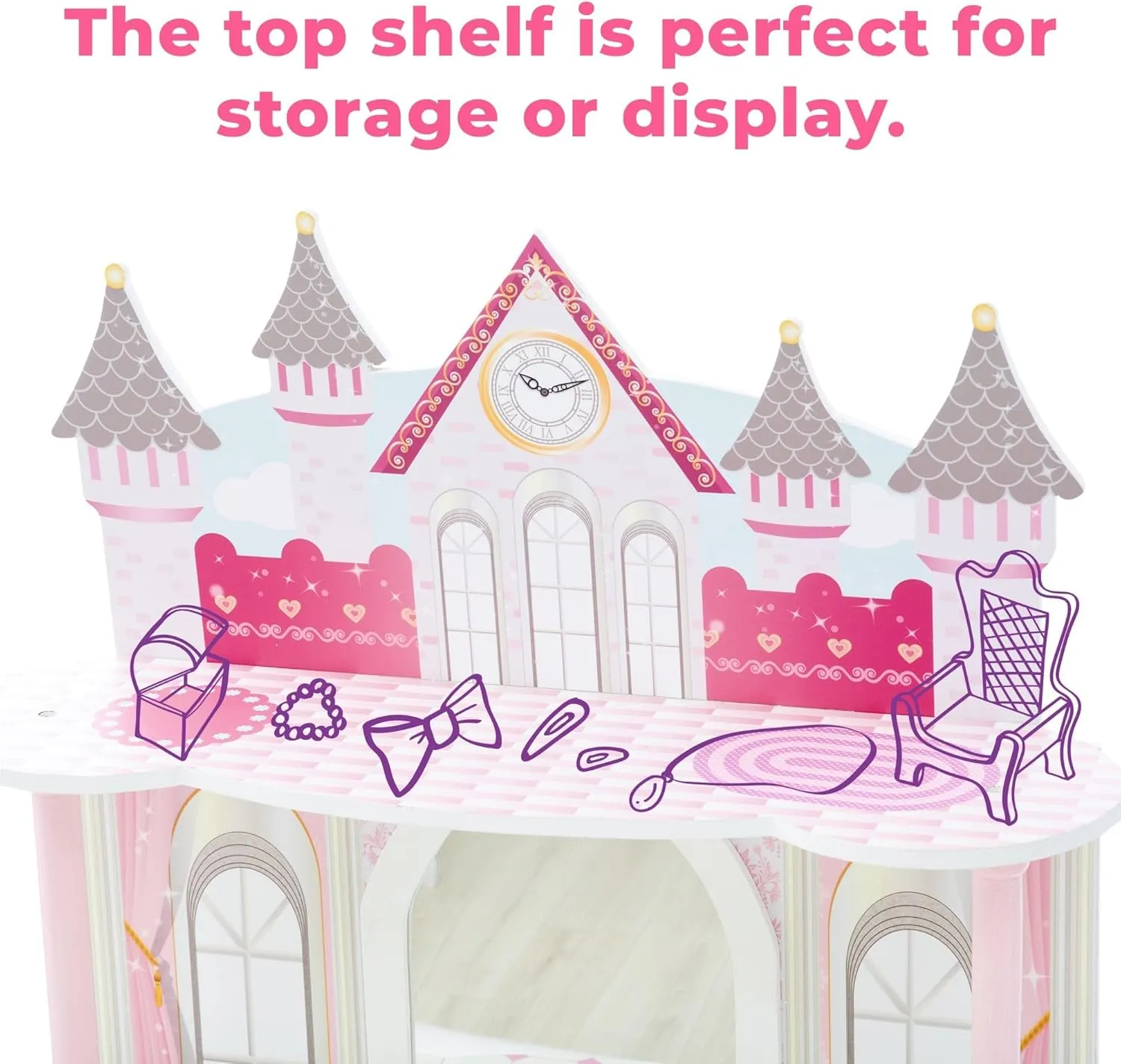 Teamson Kids Dreamland Princess Play Vanity Set with Mirror, Shelf, Storage Drawer, Stool, and Accessories for 12" Dolls, White an Pink