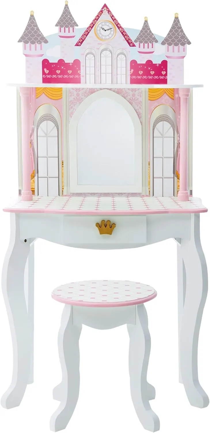 Teamson Kids Dreamland Princess Play Vanity Set with Mirror, Shelf, Storage Drawer, Stool, and Accessories for 12" Dolls, White an Pink
