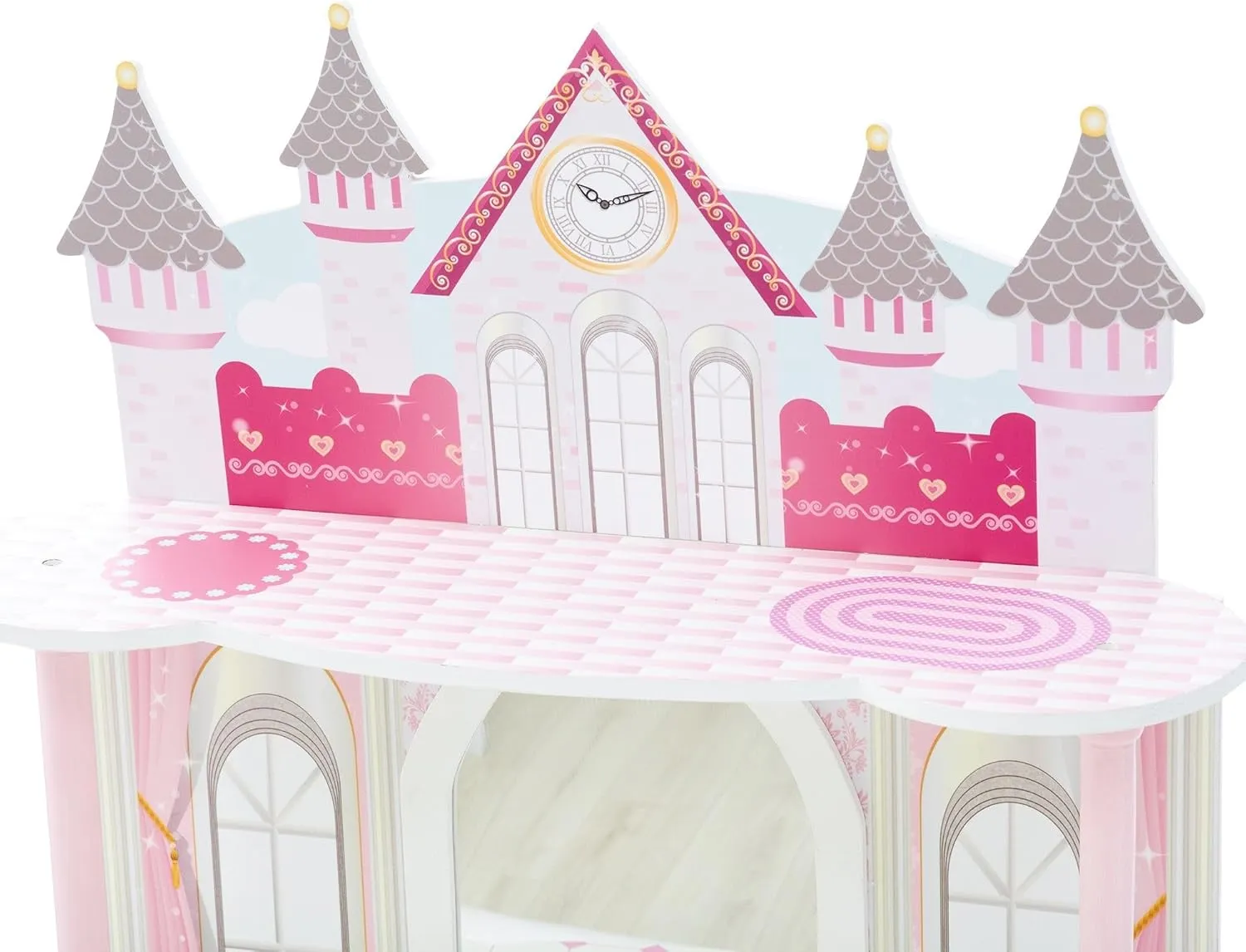 Teamson Kids Dreamland Princess Play Vanity Set with Mirror, Shelf, Storage Drawer, Stool, and Accessories for 12" Dolls, White an Pink