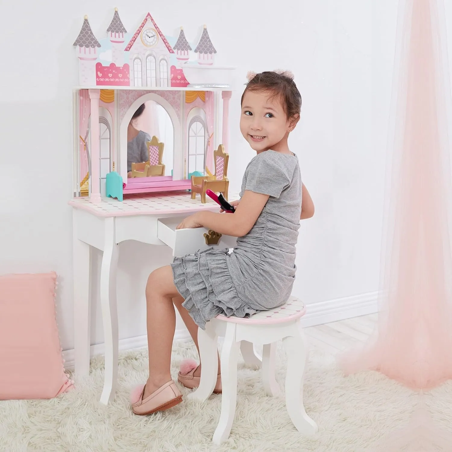 Teamson Kids Dreamland Princess Play Vanity Set with Mirror, Shelf, Storage Drawer, Stool, and Accessories for 12" Dolls, White an Pink