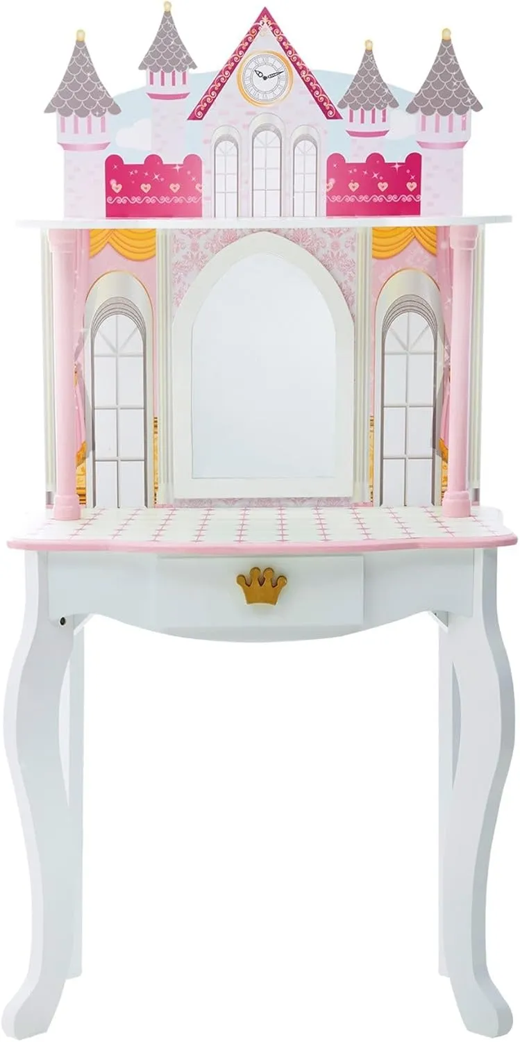 Teamson Kids Dreamland Princess Play Vanity Set with Mirror, Shelf, Storage Drawer, Stool, and Accessories for 12" Dolls, White an Pink