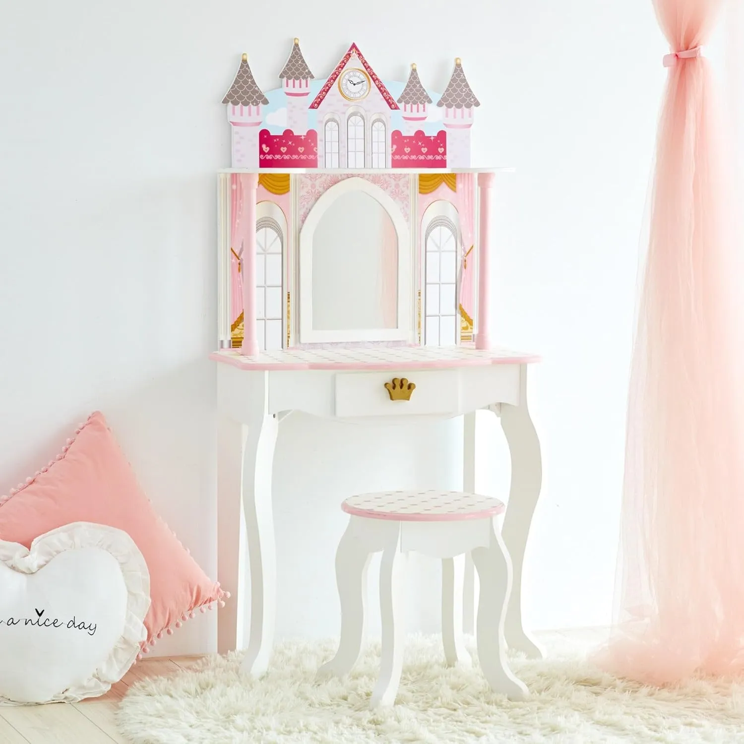 Teamson Kids Dreamland Princess Play Vanity Set with Mirror, Shelf, Storage Drawer, Stool, and Accessories for 12" Dolls, White an Pink