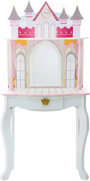 Teamson Kids Dreamland Princess Play Vanity Set with Mirror, Shelf, Storage Drawer, Stool, and Accessories for 12" Dolls, White an Pink