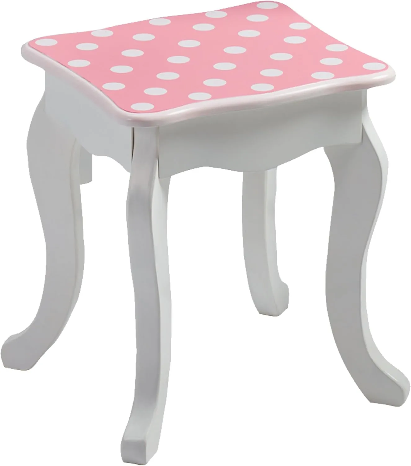 Teamson Kids Princess Gisele Polka Dot Print 2-Piece Kids Wooden Play Vanity Set with Vanity Table, Tri-Fold Mirror, Storage Drawer, and Matching Stool, White with White/Pink Polka Dot Accent