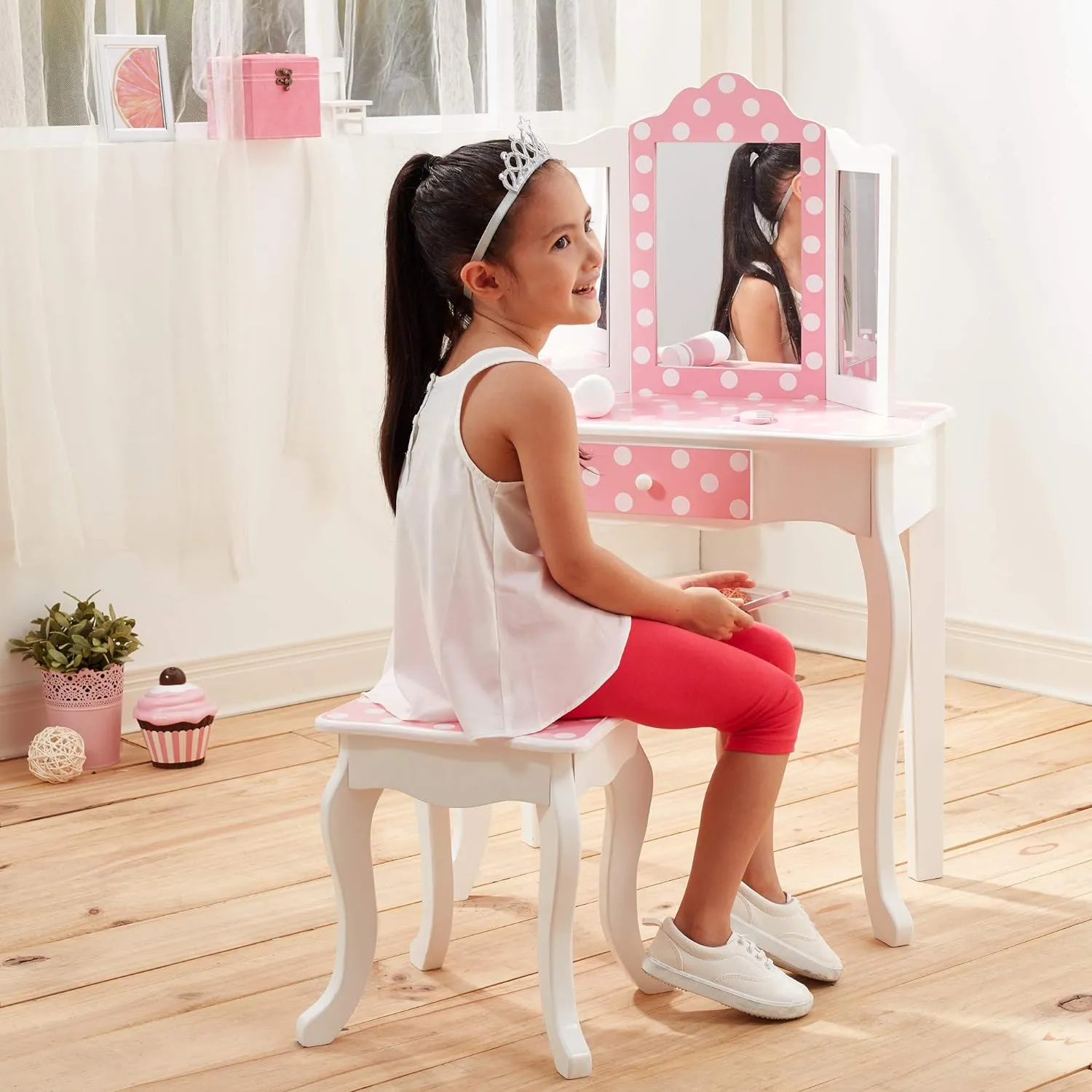 Teamson Kids Princess Gisele Polka Dot Print 2-Piece Kids Wooden Play Vanity Set with Vanity Table, Tri-Fold Mirror, Storage Drawer, and Matching Stool, White with White/Pink Polka Dot Accent