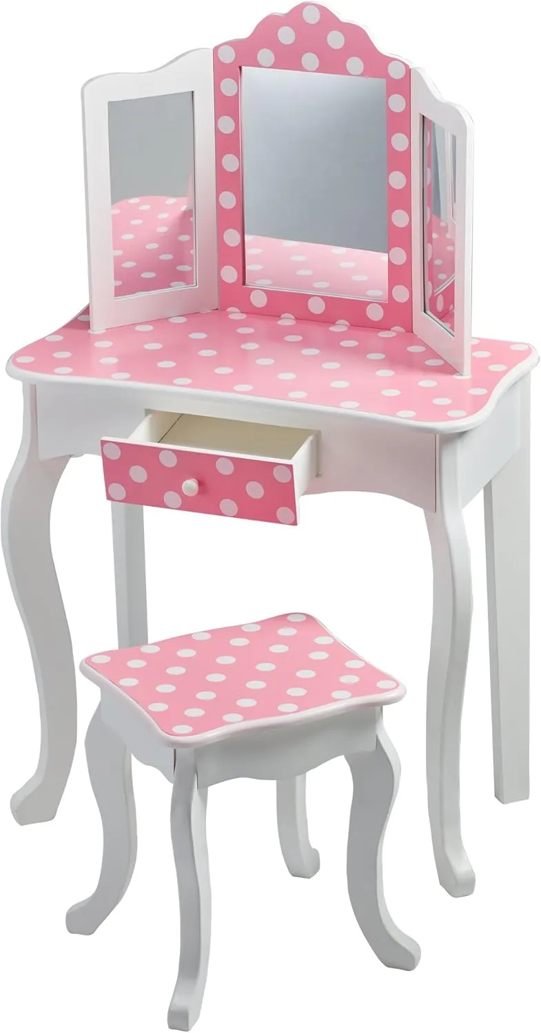 Teamson Kids Princess Gisele Polka Dot Print 2-Piece Kids Wooden Play Vanity Set with Vanity Table, Tri-Fold Mirror, Storage Drawer, and Matching Stool, White with White/Pink Polka Dot Accent