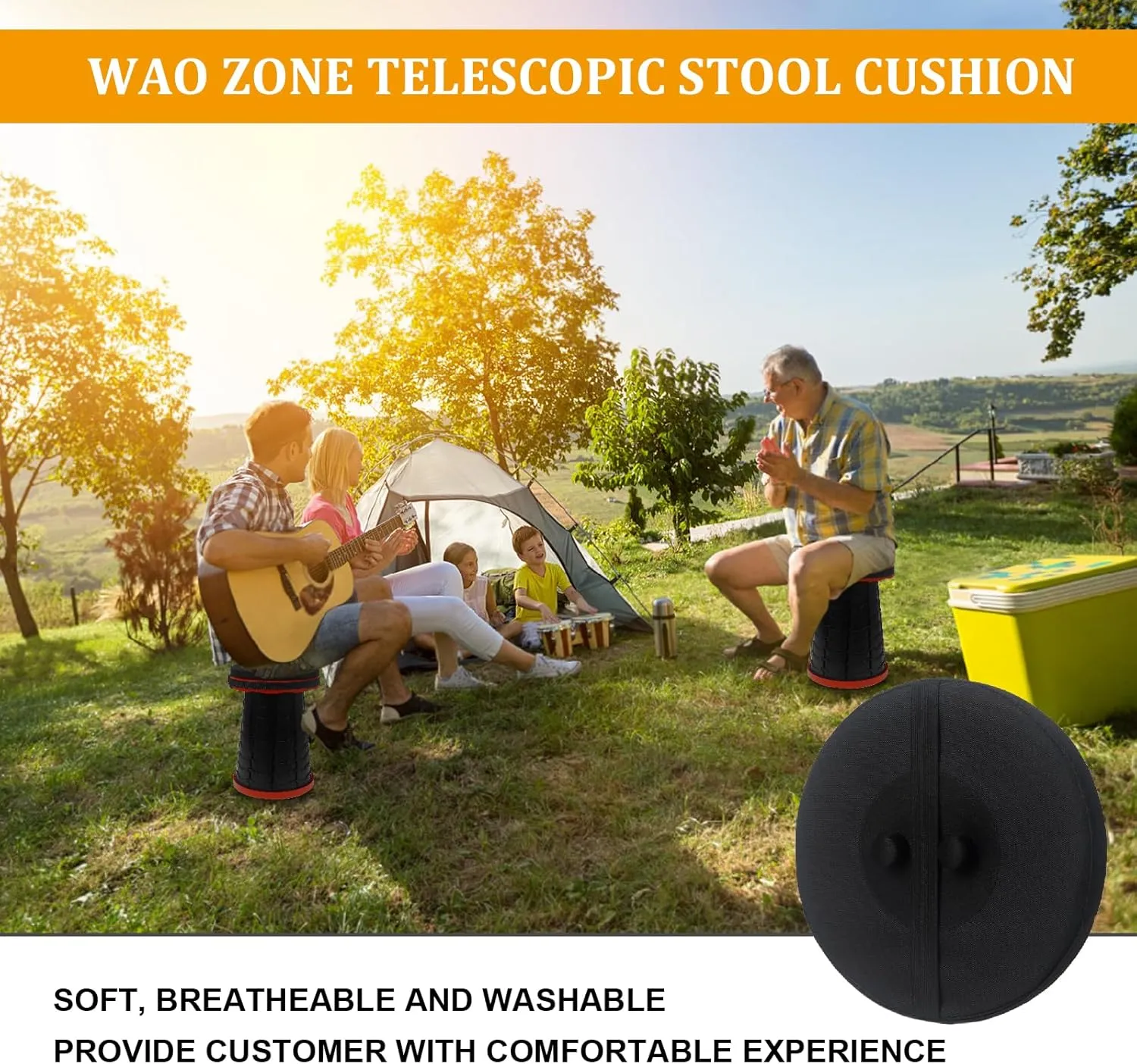 Telescopic Stool Cushion, Round Thickened Folding Seat Cushion with Memory Foam for Retractable Camping Stool (Black) (2 Pack)