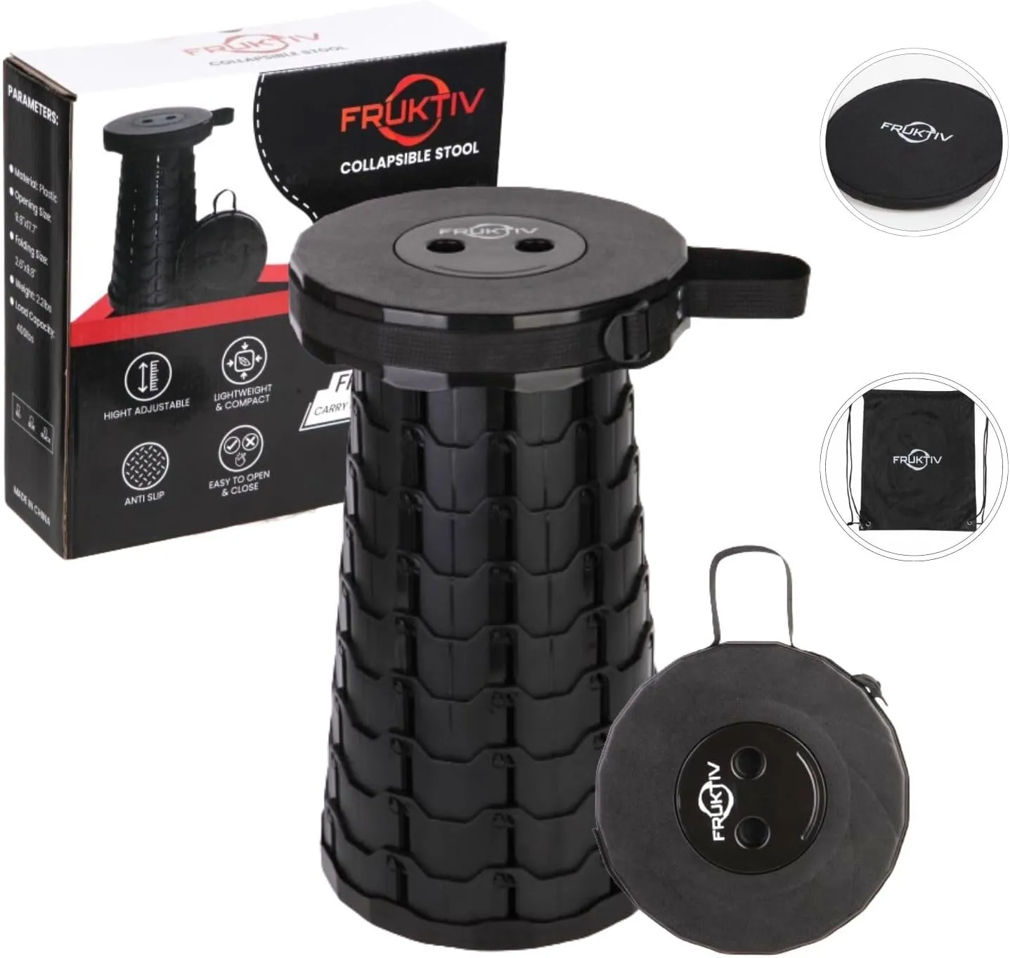 Telescopic Stool, Portable & Collapsible, Sturdy Foldable with Cushion & Carry Bag, 550lbs Load Capacity, Indoor & Outdoor Retractable Camping Stool (Black)