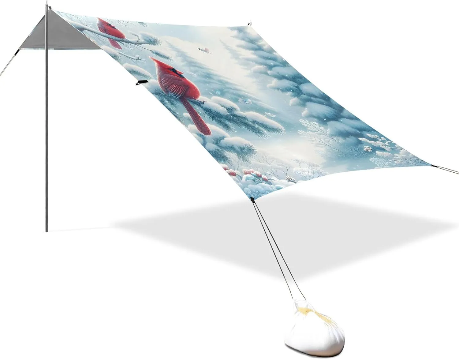 Tent Beach Canopy Outdoor Patio Shade Cute 9.2 × 10.5 FT Picnic Camping Sun Shelter Yard Winter Cardinals Snow Waterproof with Sandbags Anchor