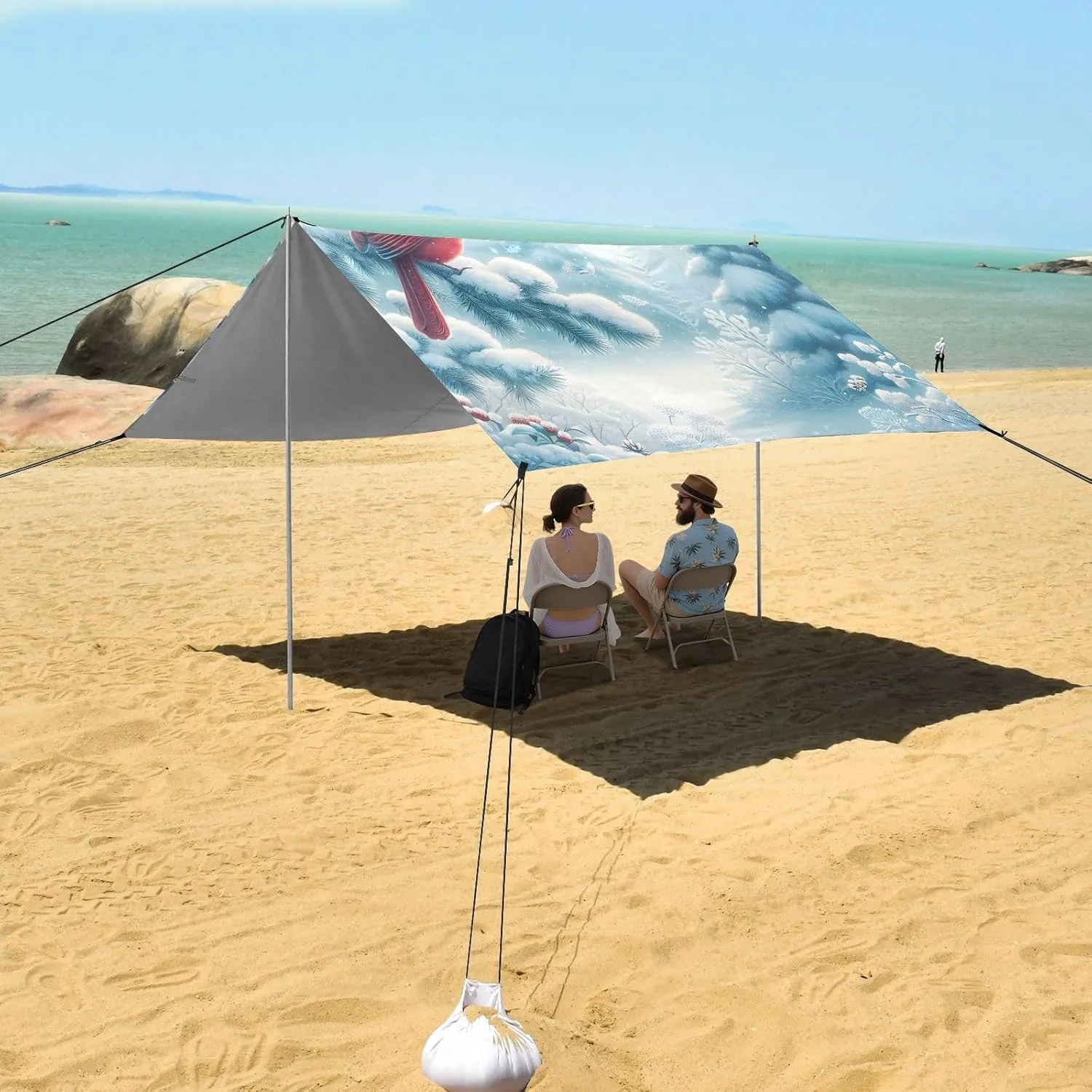 Tent Beach Canopy Outdoor Patio Shade Cute 9.2 × 10.5 FT Picnic Camping Sun Shelter Yard Winter Cardinals Snow Waterproof with Sandbags Anchor